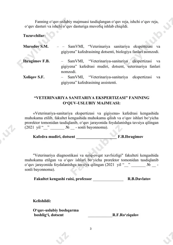 ishdir. vazifalari: veterinariya saniratiya ekspertizasi fanining vazifalariga quyidagilar kiradi. 1. go‘sht sanoati xom ashyosi sifatiga baxo berish va uni qayta ishlash hamda joylarga yetkazish usullarini takomillashtirish. 2. qishloq xo‘jalik hayvonlari mahsulotlarini qayta ishlaydigan sanoat korxonalarini (go‘sht ishlab chiqarish korxonalari, parranda qushxonalari, so‘yish punktlari va boshqalar) tashkil qilish, quriladigan joylarni tanlashga doir sanitariya talablarini ishlab chiqish. 3. chorva mollari va parrandalardan olinadigan go‘sht maxsulotlarini qayta ishlash texnologiyasi va gigiyenasini ishlab chiqish. 4. turli go‘shtlarni morfologiyasi va kimyoviy tarkibiy qismlarini o‘rganish. 5. mollarni so‘yishdan oldin va so‘yishdan keyingi veterinariya –sanitariya holatini aniqlash usullarini yaratish. 6. hayvonot mahsulotlarini veterinariya sanitariya jixatidan tekshirish qoidalariga (usullari)ga rioya qilish. 7. xar xil yuqumli yuqumsiz va invazion kasalliklar sodir bo‘lganda go‘shtdan va ichki organlardan foydalanish usullarini ishlab chiqish va rioya qilishni nazorat qilish. 8. mollar so‘yilganidan keyin tashhis qo‘yishda patologanatomik va laboratoriya usullarini qo‘llanilishini nazorat qilish. 9. sut va sut mahsulotlarini olish texnologiyasi va ularning sifatini aniqlash …
