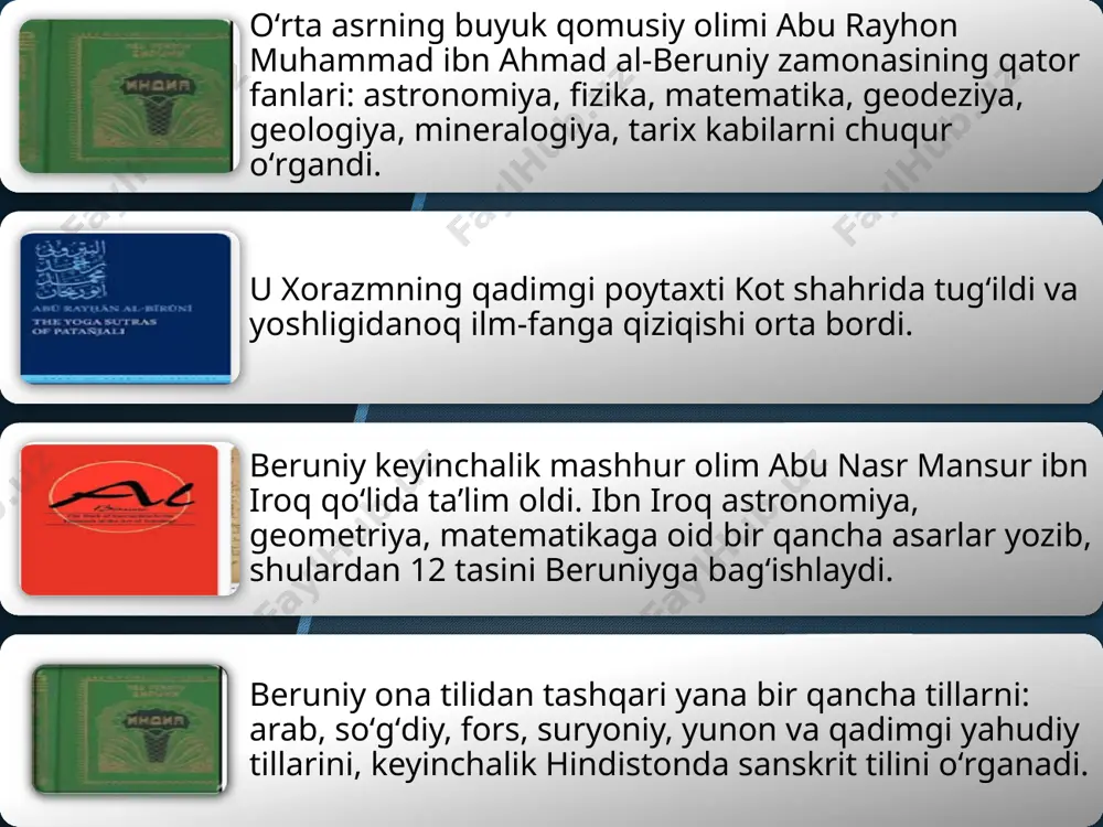 ni ochiqdan-ochiq bayon etadi. beruniy harakat trayektoriyasi va osmon yoritqichlari shaklining ellipsoid ekanligi haqida birinchi boʻlib fikr yuritgan olimlardan boʻlib, joylarning geografik uzoqligini, kengligini aniqlash yoʻllarini tanlab olishda novator hisoblanadi. u trigonometriyani, geometriyani keng qoʻllash orqali oʻzidan oddingi astronomlarga nisbatan ancha aniq natijalarga erishdi. turli joylarning geografik kengligi va uzoqligini aniqlashda beruniy erishgan natijalar hatto hozirgi zamon olimlarini ham hayratda qoddiradi. buyuk olim yer yuzasining har bir qismi oʻzining uzoq tarixiy taraqqiyotiga ega ekanligini qayd etadi. markaziy osiyoning baʼzi bir mintaqalari, shu jumladan, amudaryo vodiysining geologik rivojlanishini birinchi marta jiddiy oʻrganishga harakat qilgan ham beruniydir. uning amudaryo vodiysining geologik oʻtmishi va orol dengizining paydo boʻlishi haqidagi xulosalari oʻsha zamonning eng muvaffaqiyatli geologik tahlillaridan biri boʻlib hisoblanadi. olim “dengizlar quruklikka, quruqliklar esa dengizga aylanadi” degan nazariyaga suyanadi. beruniyning foydali qazilmalar qatlamining paydo boʻlishi, jinslar yemirilishining ahamiyati, togʻ jinslarining nurashi kabilar haqidagi xulosalari katta ilmiy ahamiyatga egadir. u togʻlarning paydo boʻlishi va …