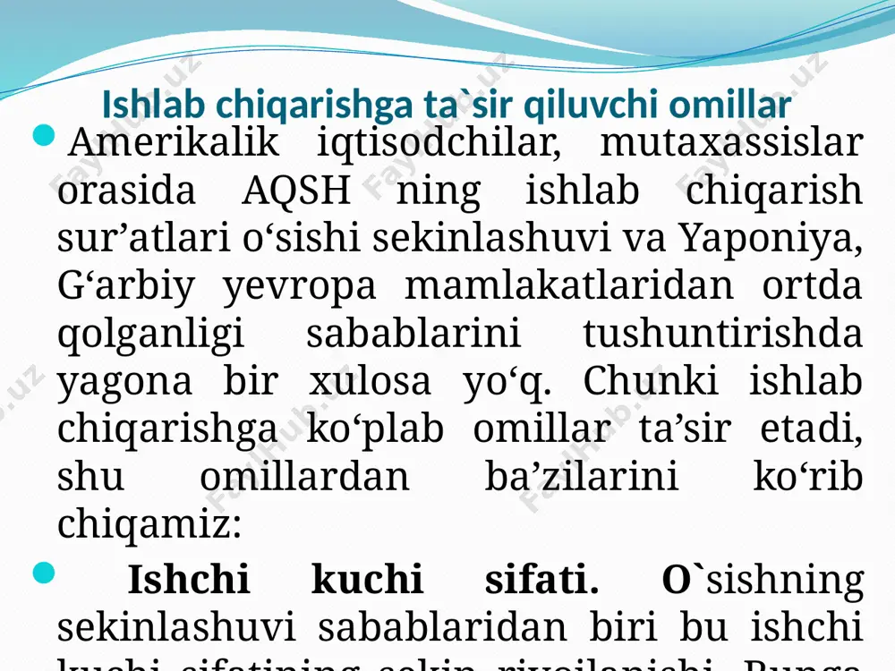 gflyatsiya bartaraf etildi. 1977-yildan so‘ng kompyuter va elektron texnologiyalarda ulkan rivojlanish sezildi. oliy ma’lumotli mutaxassislar maoshi oshirildi va ularni rag‘batlantirishga katta e’tibor berildi. bu o‘z navbatida oliy ma’lumot olishga qiziqishni oshirdi. ishchi kushining malakasi va saviyasi 60-70-yillarga nisbatan oshdi. o‘zaro munosabatlar yaxshilanib ishchilarni qaror qabul qilishdagi, ishtiroki oshdi va rag‘batlantirildi. lekin bunday ijobiy o‘zgarishlar vaqtinchalik yoki doimiymi aniq emas. iqtisodiy o‘sishda “oxirgi zamon modeli”. rivojlangan mamlakatlarning ishlab chiqarish sur’ati yillik 2-7 % o‘sishi qachongacha davom etadi degan savol tug'iladi. loyihachilar xuddi shu savolga javoban “oxirgi zamon” deb nom olgan modellarni ishlab chiqishdi. unga ko‘ra yer resurslari keskin kamayib bormoqda aholi soni esa geometrik progressiya bo‘yicha ko‘paymoqda. neft ko‘mir mis kabi bir qator resurslar tugamoqda. bundan tashqari ishlab chiqarish va iste’mol davomida hosil bo‘lgan chiqindilar jahon ekologik holatini izdan chiqarishi mumkin. ushbu model loyihachilari fikriga ko‘ra hozirgi hayot bu model to‘g‘riligini isbotlamoqda. 80- yildan keyingi ishlab chiqarish o‘sishi resurslarni tez sarflanishiga …