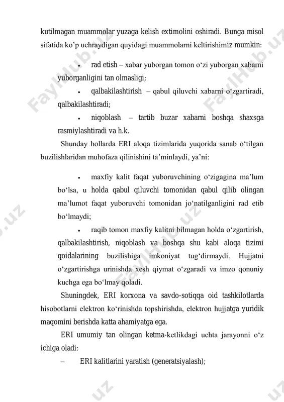 : – eri kalitlarini yaratish (generatsiyalash); – erini shakllantirish; – erini tekshirish (haqiqiyligini tasdiqlash). elektron raqamli imzo elektron hujjatni eri bilan shakllantirish jarayoni 1-rasmda keltirilgan bo‘lib, avval yuboriluvchi ma’lumotning xesh-funksiya qiymati hisoblanadi. so‘ngra elektron raqamli imzo algoritmiga ko‘ra jo‘natuvchi tomon yopiq kaliti orqali ma’lumot imzolanadi. https://sudex.uz/wp-content/uploads/2022/09/1-rasm.jpg elektron raqamli imzo erini tekshirishda jo‘natuvchi tomon ochiq kaliti orqali hisoblangan xesh-funksiya qiymati va ma’lumot xesh-funksiya qiymatlari solishtiriladi. quyidagi 2-rasmda. erini tekshirish jarayoni keltirilgan. elektron raqamli imzo nega kerak va uni qanday olish mumkin? https://sudex.uz/wp-content/uploads/2022/09/2-rasm.jpg kundalik faoliyat raqamli platformaga ko‘char ekan, virtual tarmoqda erkin va xavfsiz, ishonchli harakatlanish, shaxsni tasdiqlash va jarayonlarni amalga oshirish uchun har bir kishiga elektron raqamli imzo kerak bo‘ladi. jumladan, o‘zbekiston respublikasining bugungi qonunchilik talablariga ko‘ra, elektron raqamli imzo bo‘lmagan taqdirda, davlat organlarining interaktiv xizmatlaridan foydalanib, shuningdek yagona interaktiv davlat xizmatlari portalida ko‘rsatiladigan xizmatlardan ham foydalanib bo‘lmaydi. xususan, biror davlat idorasiga ariza, murojaat, taklif yuborish uchun ham, sizning shaxsingizni tasdiqlaydigan, …