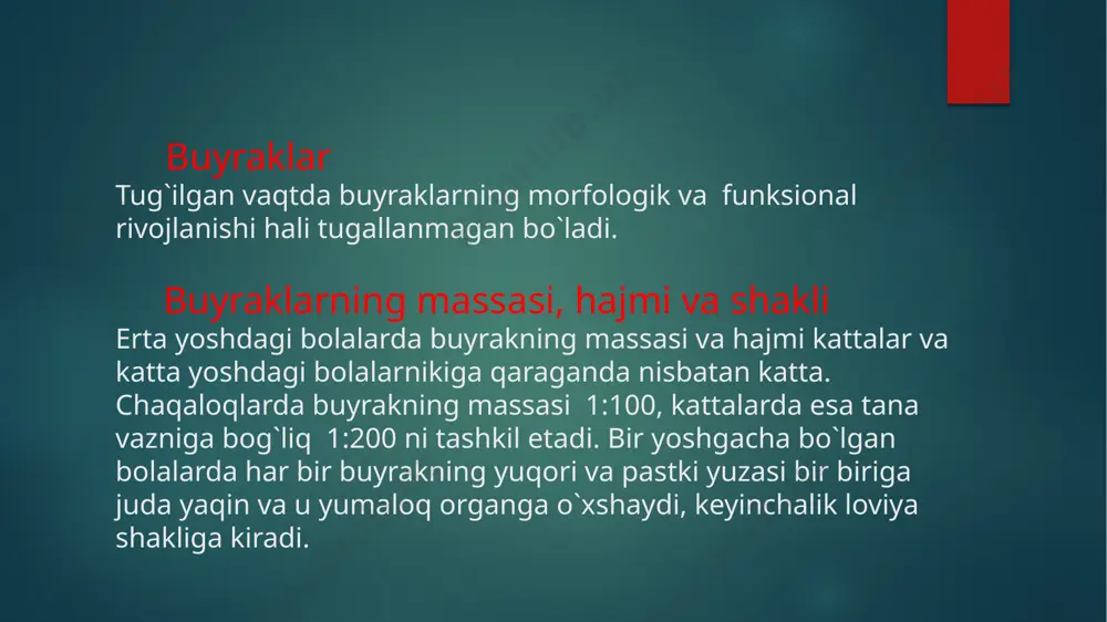 zaif ifodalanganligi sababli 5 yoshgacha bolalarda ayniqsa buyrak ichida joylashadi. uretralar to`g`ri burchak ostidan uzoqlashadilar. uretralar nisbatan uzunroq kengroq, gipotonik, nisbatan past qisqarish qobiliyatiga ega, ko`proq ixchamlashgan, egriliklarga ega. uretraning distal qismi (siydik qopi shilliq osti qavati va bevosita devorida yotuvchi) juda qisqa, yosh ulg`aygan sari u uzunlashadi, 10-12 yoshda maksimal holatga etadi. siydik qopi ko`krak yoshidagi bolada yuqori joylashadi, kattalarga qaraganda ( simfiz ustidan), yosh ortgan sari asta sekin kichik chanoqqa tushadi. uning old devori qorin parda bilan qoplanmaydi, qorin bo`shlig`ining old devoriga to`g`ri keladi. siydik qopi oval shaklga ega, shilliq qavati qalin, mayin, qon bilan yaxshi ta`minlangan. muskul tolalari siydik yo`li teshigi sohasida kuchsiz rivojlangan, shuning uchun uretralarning og`zi shundoq ochilib turadi. chaqaloqlarda siydik qopining fiziologik hajmi taxminan 50 ml ni tashkil etadi, 1 yoshda — 100 ml, 5—9 yoshda — 150—200 ml, 12—14 yoshda—300—400 ml tashkil qiladi. siydik chiqarish kanali (uretra) qiz bolalarda hamma yoshda qisqa va …