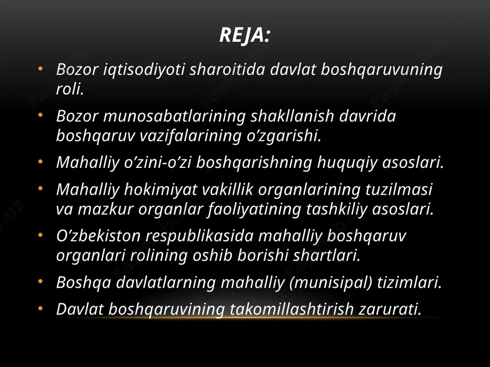 n rivojlantirish negizi bulgan xususiy mulkning davlat tomonidan ximoya kilinishini taҳminlash. mustaxkam moddiy negiz yaratish manfaatlarini kuzlab kuyidagilar iktisodiyotni islox kilish soxasida strategik maksadlar kilib belgilandi : 3. korxonalar va fukarolarga keng iktisodiy erkinliklar berish, ularning xujalik faoliyatiga davlatning bevosita aralashuvidan vos kechish, iktisodiyotni boshkarishning maҳmuriy – buyrukbozlik usullarini bartaraf etish, iktisodiy omillar va ragbatlantirish vositalaridan keng foydalanish. 4. iktisodiyotda moddiy, tabiiy va mexnat resurslaridan samarali foydalanishni taҳminlaydigan chukur strukturaviy uzgarishlar kilish, ragbatbardosh maxsulotlarni ishlab chikarish, jaxon itkisodiy tizimiga kushilib borish. 5. kishilarda yangicha iktisodiy fikrlashni shakllantirish, ularning dunyokarashini uzgartirish, xar bir kishiga uz mexnatini sarflash soxasi va shakllarini mustakil belgilash imkonini beradi. 5 – rasmda bozor iktisodiyotining belgilari keltirilgan. unda bozor mexanizmini shakllanishdagi ta`sir kursatuvchi omillar va kerakli shart-sharoitlar keltirlgan. uzbekiston respublikasining bozor iktisodiyotiga utishda uziga xususiyatlari bor: - ijtimoiy yunaltirilgan bozor iktisodietini modelini yaratish; - axoli tarkibida nafakaxur, eshlar kupchiligini tashkil etish; - malakali mutaxassislar etishmasligi; - ishlab …