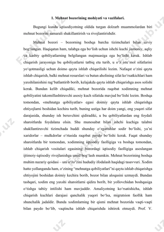 sir qiladi, ular oʻrtasidagi munosabatlarni tartibga soladi, kerakli mutanosiblik va muvozanatni saqlaydi. tabiiy bozor mexanizmlariga koʻra, ishchi kuchi narx-navo, bozor konyunkturasiga tez va epchillik bilan javob beradi, uning haqiqiy ehtiyojiga muvofiq koʻpayadi yoki kamayadi. jadal mehnat bozori sharoitlarida ishsizlik – mehnatga layoqatli aholining band boʻlmagan qismi davra aylanishi vazifasini bajaruvchi tabiiy hodisa. keynsman maktabining asoschisi j. keyns oʻz konsepsiyasini «bandlik, foiz va pullarning umumiy nazariyasi» nomli kitobida bayon qilgan. u mehnat bozorini sustkash, statistik tizim sifatida koʻrib chiqadi, ishchi kuchi narxi (ish haqi)ni yetarli darajada qat’iy, deb qayd etadi. majburiy ishsizlikning mavjudligi majmuaviy samarali talab yetishmasligi bilan asoslangan, uni budjet va kredit-pul tartibiga solishning samarali (ekspansiyanistik) choralari yo‘q kilishi mumkin. talabning yetishmasligi mehnatga pul toʻlashning uning pasayishi tomoniga egiluvchan emasligi oqibatida vujudga keladi, buning natijasida talab pasayganda ishlab chiqarish hajmi va bandlik qisqaradi, ish haqining nominal stavkalari oʻzgarishsiz qoladi. davlat bozorni tartibga solib boruvchi vazifasini oʻtaydi, u majmuaviy talabni oshirib …