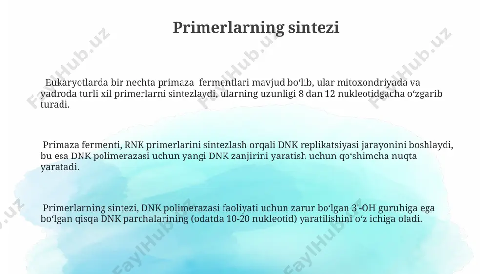 i aniqlikda, kam xato bilan amalga oshadi. dnk ikki spiralsimon zanjiridan iborat bo'lib, har bir zanjir 4 ta nukleotid: adenin (a), guanin (g), sitozin (s) va timin (t) dan tashkil topgan. ularning o'zaro bog'lanishi a-t va g-s juftliklari orqali amalga oshadi. replikatsiya jarayonining boshlanishi replikatsiya jarayonining boshlanishi uchun, helikaz fermenti dnk ikki zanjirini ochib, replikatsiya viloyatini hosil qiladi, bu jarayon energiya sarfini talab qiladi va atp molekulalarini ishlatadi. primaza fermenti dnkning yetakchi va orqada qolgan zanjirlariga rnk primerlarini qo'shadi, ular keyinchalik dnk polimeraza tomonidan dnk sinteziga boshlang'ich nuqta sifatida xizmat qiladi, odatda 5-10 nukleotid uzunligida. dnk replikatsiyasi, odatda, replikatsiya boshlanish nuqtalari deb ataluvchi maxsus dnk ketma-ketliklarida, taxminan 100-200 bazali juftliklar orasida boshlanadi. dnkning tuzatilishi nukleotid eksizion reparatsiya (ner) tizimi, uv nurlanishi yoki kimyoviy moddalar ta'sirida hosil bo'lgan katta dnk shikastlanishlarini, masalan, timin dimerlarini aniqlaydi va ularni olib tashlaydi. dnkning o'z-o'zini tuzatish mexanizmi, masalan, mismatch repair, dnkdagi noto'g'ri juftlashgan nukleotidlarni 99% …