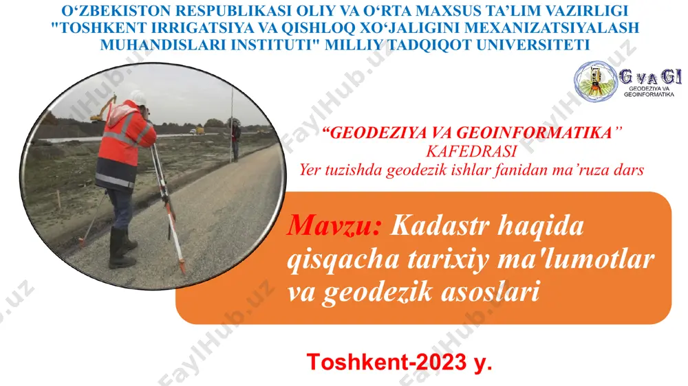 dan foydalangan holda yer chegaralarini aniqlash bilan birinchi ilmiy asoslangan kadastrni ishlab chiqdi. kadastrning eng qadim ma'lumoti bo'yicha tarixiy ma'lumotlar juda o'zgarishi mumkin, chunki ushbu tizimlar turli mintaqalarda va turli davrlarda turli shaklda va ko'rinishda rivojlanib kelgan. eng qadim ma'lumotlardan biri misr piramidal ma'muriyati davridan (m.ö. 2700-2500) qolgan kadastral ma'lumotlardir. ushbu ma'lumotlar yerlarning va ularning egalarining ma'lumotlarini o'z ichiga olardi. izoh qilinishi kerakki, tarix bo'yida ko'p ma'lumotlar yo'qolib, tarqalgan va tarqalib ketgan, bu esa kadastrlarning to'liq va batafsil ravishda tuzilishini qiyinlashtiruvchi omildir. geodezik asoslar kadastr va mulk boshqarish tizimlarining asosini tashkil etadi. geodeziya yer yuzundan, osmondan va boshqa manbalardan ma'lumotlarni to'plash, o'lchash va tadqiqotini amalga oshirish bilan shug'ullanuvchi ilmdir. geodezik asoslar yer sahalarining o'lchashini, chegaralarining belgilanishini, mulk huquqlarining tasdiqlanishini, infrastrukturaning rejalashtirilishi va buna o'xshash masalalarda ma'lumotni samarali va to'g'ri ravishda to'plash va ishlash uchun talab qilinadi. yuqoridagi ishlarni amalga oshirish hududiy kadastr xizmatidagi «yer tuzish va kadastr syomkasi boiimi» ning …