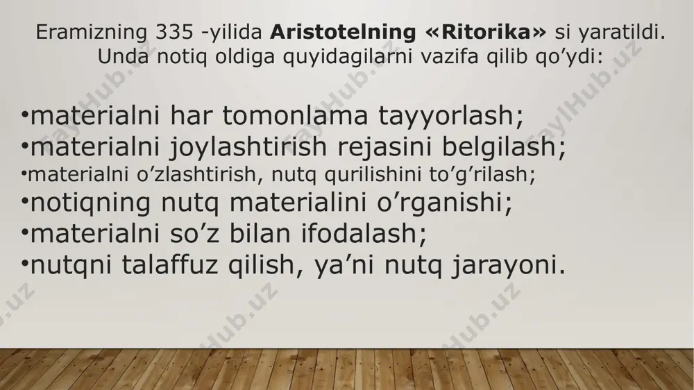 notiq bo’lishi lozim». har bir notiq o’z nutqi ustida ko’p mashq qilishi xalq oldida nutq so’zlaganda yoqimli va bamani gapirishi, xalqning e’tiborini qozonishi zarur. «xalq oldida gapirganda so’zing go’zal bo’lsin, bu so’zni xalq qabul qilsin. haloyik sening so’z bilan baland darajaga erishganingni bilsin, chunki kishining martabasini so’z orqali biladilar, … har kishining aholi o’z so’zi ostida yashiringan bo’ladi». kaykovusning notiq so’zning ma’nolarini har tomonlama o’rgangan bo’lishi kerak, deb hisoblaydi: «ey, farzand, so’zning yuz va orqa tomonini bilgin, ularga rioya qilgin, so’zlaganingda ma’noli gapir, bu notiqlikning alomatidir. agar gapirgan vaqtingda so’zning qanday ma’noga ega ekanini bilmasang, qushga o’xshaysan, bunday qushni to’ti deydilar!. shunday kishini notiq (suxanguy) deymizki, uning har so’zi xalqqa tushunarli bo’lsin va xalqning har so’zi unga ham ma’lum bo’lsin. o’ylamasdan so’zlama, har bir so’zni o’ylab gapir, to aytgan so’zingdan pushaymon bo’lmagaysan. agar so’zni va ilmni yaxshi bilsang ham, hech bir so’zni buzma to’g’ri ta’rifla. so’zni bir xilda gapir». so’zning …