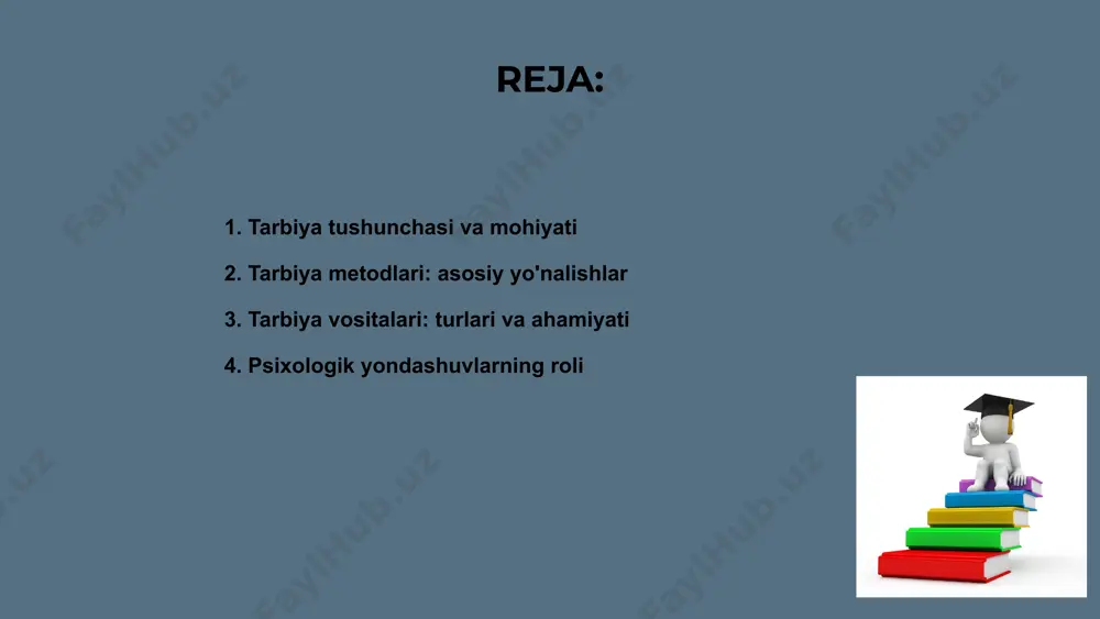 samaradorligi oshiriladi va mustahkamlanadi. 1. 2. 4. psixologik yondashuvlar orqali tarbiya jarayonida shaxsiy xususiyatlar hisobga olinadi. bu o‘qituvchi va o‘quvchi o‘rtasida samarali munosabat yaratadi. vositalardan to‘g‘ri foydalanish tarbiyaviy ta’sirni kuchaytiradi. har bir metod bola psixologiyasiga mos kelganda, tarbiya maqsadiga erishiladi. 1.7.2013 ‹#› shaxs rivojlanishida tarbiyaning o'rni 01. 02. 03. tarbiya metodlari va vositalari shaxsning intellektual, axloqiy va ijtimoiy rivojlanishida muhim ahamiyatga ega bo‘lib, ularni shakllantirishda asosiy rol o‘ynaydi. pisixalogik yondashuvlar orqali tarbiya individuallikka e'tibor qaratadi, shaxsning ichki dunyosi va qiziqishlarini hisobga olib rivojlantiradi hamda samaradorlikni oshiradi. shaxs rivojlanishida tarbiyaning o‘rni katta bo‘lib, u hayotiy fazilatlarni shakllantiradi, jamiyatda moslashuvchanlikni ta'minlaydi va ijtimoiy ongni boyitadi. 1.7.2013 ‹#› interfaol usullar va texnologiyalar tarbiya metodlari zamonaviy psixologik yondashuvlar bilan uyg‘unlashib, bolalar ongini rivojlantirishda interfaol usullar orqali yuqori samaradorlikka erishishni ta’minlaydi. interfaol texnologiyalar o‘quvchi faol ishtirokini rag‘batlantirib, bilimni chuqur o‘zlashtirishga yordam beradi hamda tanqidiy fikrlash ko‘nikmalarini shakllantiradi. mazmunli tarbiya jarayoni uchun rolli o‘yinlar, muammoli vaziyatlar, …