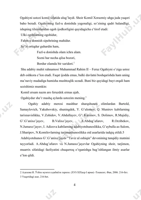 adqiq etildi.5 adabiyotshunos g’.g’anixo’jayev “taviz ul oshiqin” devonining tanqidiy matnini tayyorladi. a.abdug’afurov va n.jumaxo’jayevlar ogahiyning shoir, tarjimon, muarrix sifatidagi faoliyatini chuqurroq o’rganishga bag’ishlangan ilmiy asarlar e’lon qildi. muhammadrizo ogahiydan bizgacha juda katta adabiy meros yetib kelgan. jumladan, yirik hajmli turkiy va forsiy she’rlaridan iborat “ta’viz ul oshiqin” (“oshiqlar tumori”) devoni shoirning yuksak salohiyatli ijodkor ekanligini dalillovchi to’plamdir. ogahiy muarrix sifatida munis boshlagan, lekin tugata olmagan “firdavs ul iqbol” asarini nihoyasiga yetkazish bilan birga yana beshta tarixiy asar yaratdi. olloqulixon (1825-1842) hukmronligi davri voqealariga bag’ishlangan “riyoz ud-davla”, rahimquli tarixiga (1843-1846) bag’ishlangan “zubdat ut-tavorix”, muhammad amin ii (1846-1855) saltanati davrida bo’lib o’tgan voqealar tasvirlangan “jome’ ul voqeoti sultoniy”, sayid muhammadxon hukmronligi (1856-1865) davriga nizomiyning «haft paykar», dеhlaviyning “hasht bеhisht”, kaykavusning «qobusnoma», muhammad vorisning «zubdatul hikoyat», “shahri daloyil alhayrat”, husayn voiz koshifiyning «aхloqi muhsiniy», abdurahmon jomiyning «bahoriston», «yusuf va zulaхo», “salomon va absol», sa’diyning «guliston», hiloliyning «shoh va gado», mirхondning “ravzat us-safo” (munis …