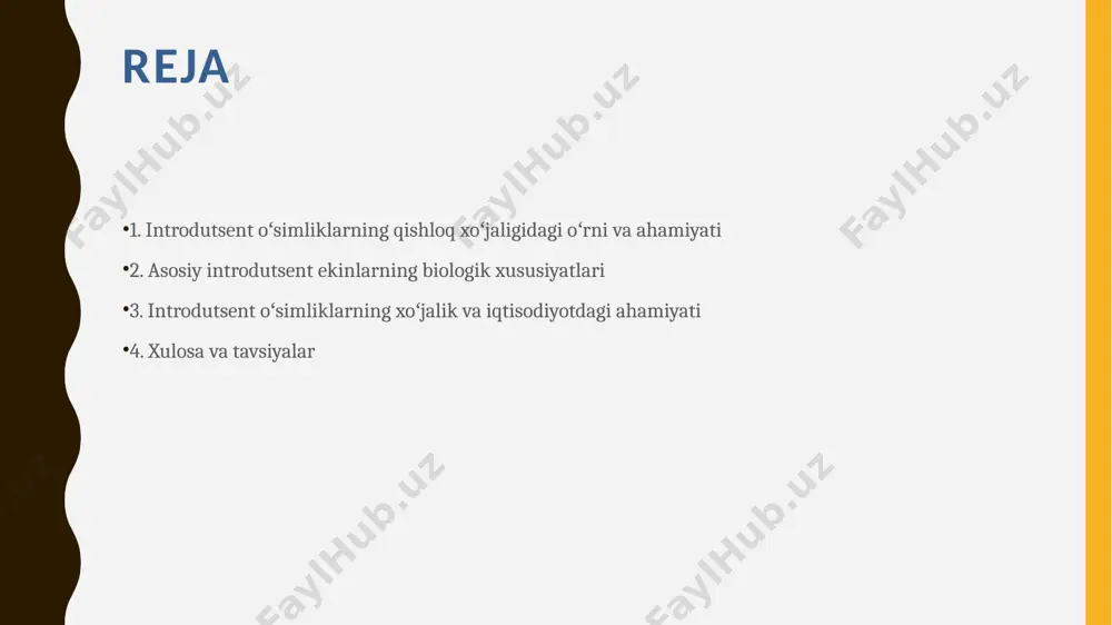 tonna hosil olinadi. – xitoydan keltirilgan. fargʻona vodiysida sinov tariqasida yetishtiriladi. iqtisodiy ahamiyati yuqori eksportbop ekin. - choy (camellia sinensis) - tamaki (nicotiana tabacum) – amerikadan keltirilgan. toshkent, namangan va samarqand viloyatlarida yetishtiriladi, yillik hosil 5 ming tonna atrofida. oʻzbekistonda yillik hosil 350 ming tonnadan ortiq. - shaftoli (prunus persica) – xitoydan keltirilgan. - olcha (cerasus vulgaris) – yevropadan introduksiya qilingan. respublikada 25 ming tonnaga yaqin hosil olinadi. - uzum navlari (vitis vinifera) – qadimda gʻarbiy osiyodan keltirilgan. bugun 1 million tonnadan ortiq hosil olinadi, 300 dan ortiq navlari mavjud. - limon (citrus limon) –. hindiston va janubiy xitoydan keltirilgan. oʻzbekistonda issiqxonada 400 gektardan ortiq maydonda yetishtiriladi - banan .– subtropik hududlardan keltirilgan. musa spp soʻnggi yillarda issiqxonalarda yetishtirish yoʻlga qoʻyilgan. - paxtaning ayrim navlari ( gossypium hirsutum) – amerikadan keltirilgan. bugungi kunda oʻzbekiston paxtachiligi asosini tashkil etadi. 3. introdutsent oʻsimliklarning xoʻjalik va iqtisodiyotdagi ahamiyati - oziq-ovqat xavfsizligi: kartoshka, pomidor, …