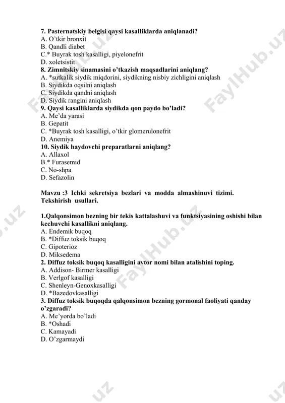 d. irsiy omil 5. qalqonsimon bez kattalashishini nechta darajasi tafovut etiladi? a. 4 b. *5 c. 3 d. 2 6. diffuz toksik buqoq kimlarda ko’proq uchraydi a. erkaklarda b. *ayollarda c. qariyalarda d. yoshlarda 7. diffuz toksik buqoqda qanday belgi kuzatiladi? a. bradikardiya b. ko’z tirqishining torayishi c. xotirani susayishi d. *ekzoftalm 8. diffuz toksik buqoqning klinik belgilariga xos emas? a. tajanglik b. *semirib ketish c. qo’llarni titrashi d. ko’p terlash 9. diffuz toksik buqoqda puls qanday o’zgaradi a. *minutiga 100-120 marta b. minutiga 60-70 marta c. minutiga 70-80 marta d. minutiga 55-60 marta 10. diffuz toksik buqoqda ob’yektiv tekshiruvga xos emas: a. a/b oshishi b. *tana haroratining pasayishi c. tana haroratiningoshishi d. sistolik shovqin mavzu :4 ichki sekretsiya bezlari va modda almashinuvi tizimi kasallikalri. 1.normada nahordagi qondagi glyukoza miqdorini aniqlang а. 2,5-4,5 ммоль/л; в. 6,5-8,5 ммоль/л; с. *5,9 ммоль/л gacha; d. 8,0-10,5 ммоль/л. 2.qandli diabet kasalligida sutkalik diurez o’rtacha …