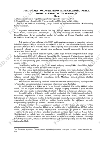 mustaqil o‘zbekiston respublikasining tashkil topishi va uning tarixiy ahamiyati — DOCX