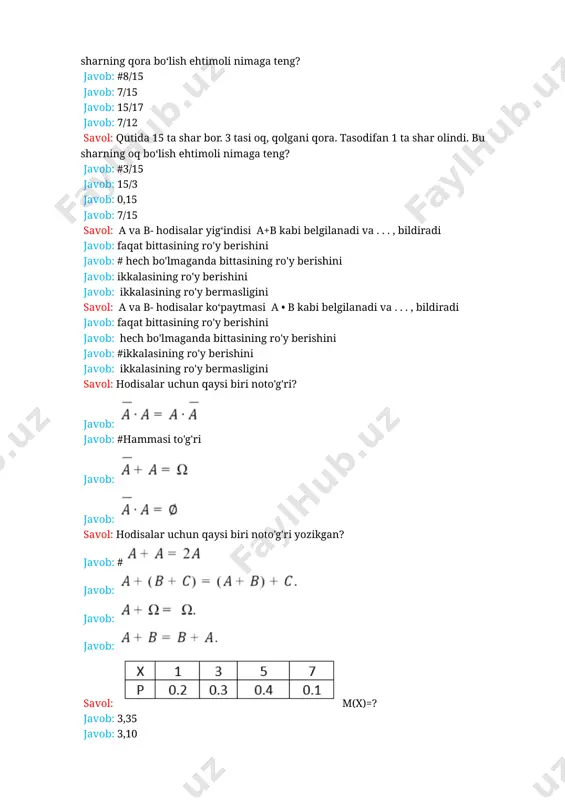 hik ochko chiqdi javob: tasodifan tanlangan son, juft son javob: tasodifan tanlangan son, toq son javob: kubik tashlaganda 1 ochko chiqdi savol: а va в- hodisalar ko‘paytmasi a • b kabi belgilanadi va . . . , bildiradi javob: faqat bittasining ro'y berishini javob: hech bo'lmaganda bittasining ro'y berishini javob: #ikkalasining ro'y berishini javob: ikkalasining ro'y bermasligini savol: bog‘liqsiz а va в hodisalar uchun .... o'rinli bo'ladi. javob: # javob: javob: javob: savol: qutida 10 ta shar bor. ulardan 7 tasi oq. tavakkaliga 1 ta olindi. olingan shar oq bo'lish ehtimolini toping. javob: 0,35 javob: 3/10 javob: 0,5 javob: #7/10 savol: quyidagilardan qaysi biri muqarrar hodisa? javob: tanga tashlanganda gerb tomoni bilan tushadi. javob: tasodifan tanlangan son juft natural son. javob: sotib olingan lotoreyaga yutuq chiqadi. javob: #o'yin soqqasi tashlanganda 7 dan kichik ochko chiqadi. savol: tekis taqsimotning zichlik funksiyasini ko'rsating: javob: javob: # javob: f(x) = e-x javob: f(x) …