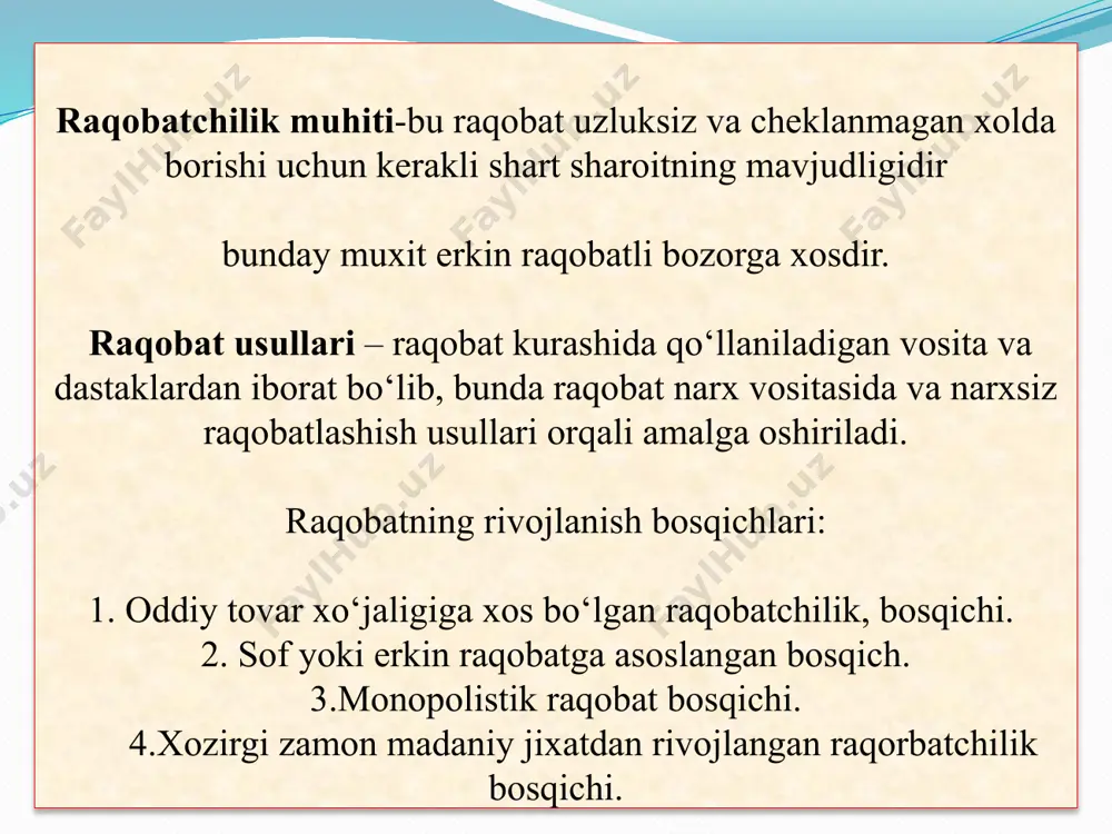 narxlarning ko‘tarishi, pirovard natijada resurslardan foydalanish va ularni taqsimlash samaradorligining pasayishiga olib keladi. 2) daromadlardagi tengsizlikning kuchayishi-bu holat ham narxlar-ning monopol tarzda oshirilishi (pasaytirilishi) hamda yuqori foyda olinishi bilan bog‘liq bo‘lib, bu aholi qolgan qismi daromadlarining nisbatan kamayishiga olib keladi; 3) iqtisodiy turg‘unlik va fan-texnika taraqqiyotining sekinlashuvi- bunday holatning vujudga kelishi monopolistlarning raqobatchilar bosimini sezmasliklari hamda aksariyat hollarda yuqori foydani qo‘shimcha urinishlarsiz o‘zlarining bozordagi hukmronliklari hisobiga olishlari mumkin. 4) iqtisodiyotda demokratik harakatlarning to‘sib qo‘yilishi- monopolistlar iqtisodiyotdagi erkin va halol raqobatga to‘sqinlik qilib, nisbatan kuchsiz bo‘lgan korxonalarni o‘zlariga bo‘ysundirishlari, o‘z xodimlarining mehnatiga pasaytirilgan miqdorda haq to‘lash, past sifatli tovarlarni ishlab chiqarish, o‘ta darajada oshirib yuborilgan sotish narxlari (yoki pasaytirilgan xarid narxlari), o‘z mahsulotini iste'mol qilishga bilvosita usul orqali majburlash kabi kamsituvchi shartlarini ko‘ndalang qo‘yishlari mumkin. antimonopol qonunchilik reja: antimonopol qonunchilikning kelib chiqishi. antimonopol siyosat. o‘zbekistonda antimonopol qonunchilikning vujudga kelishi. monopol faoliyatni tartibga solish chora-tadbirlari. 3. robinson-petmen qonuni (1936 yilda qabul qilingan). …