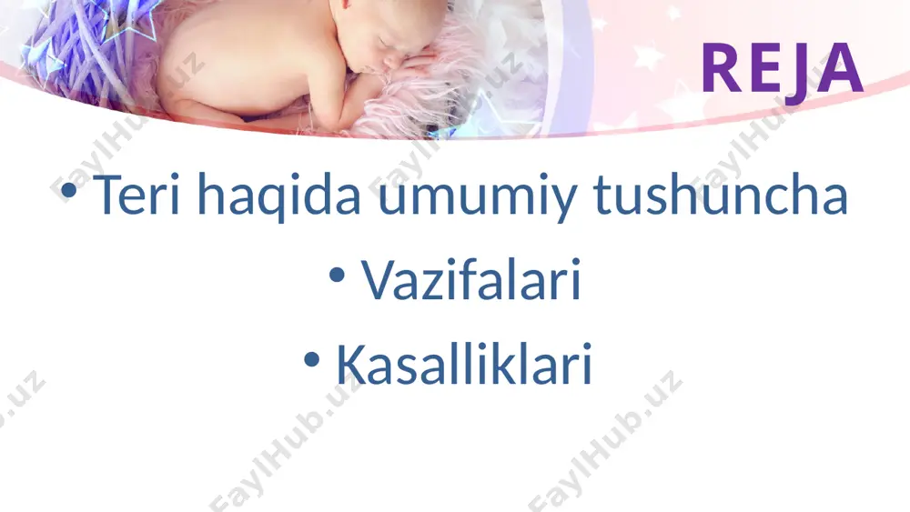 bo’lmagan monomorf aloqador bo’lmagan monomorf papulalar toshishi bilan xarakterlanadi. pushti temiratki- terining nokontakioz deb hisoblanadigan o’tkir yalig’lanish kassaligi bo’lib, po’st tashlab turadigan pushti dog’lar toshishi bilan xarakterlanadi, nimadan kelib chiqishi aniqlangan emas. vitiligo (pes) osiyo hududida keng tarqalgan teri kasalliklaridan.asosan terining chegaralangan qismida melanin moddasining yetshmasligi kuzatiladi. psoriaz www.arxiv.uz pes (vitiligo) klinikasi depigmentli dog` repigmatli dog` davosi puva - terapiya lazer nurlari. vitamilar. vitiligo www.arxiv.uz pufakchalarning turlari joylashishi gistopatologiya klinik turi intraepidermal subepidermal spongioz, ballonli distrofiya bazal membranasi tagida hujayralararo suyuqlikni yalligli tuplanishi birkamerali,kupkamerali birkamerali pufaklarning turlari . joylashishi gistopatologiya кlinik turlari intraepidermal akantoliz birkamerali qopqogi ilvillagan pufak subepidermal bazal membranasining tagida hujayralar aro suyuqlikni yalligli tuplanishi dirkamerali zich qopqoqqli pufak и, yiringchalarni turlari turlari gistopatologiya klinik turi stafilokokkli yuza chuqur soch follikulasini uzagini 2/3 qismini yiringli yalliglanishi butun soch follikulasini yeki bir nechtasiniyalliglanishi , hamda atrofidagi tuqimalarni ham konussimon tuguncha yiringli boshchasi bilan konussimon infiltrat nekrotik uzagi bilan birkamerali …