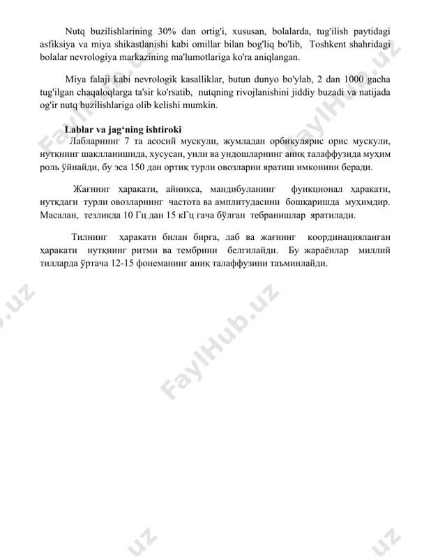 nishi kabi omillar bilan bog'liq bo'lib, toshkent shahridagi bolalar nevrologiya markazining ma'lumotlariga ko'ra aniqlangan. miya falaji kabi nevrologik kasalliklar, butun dunyo bo'ylab, 2 dan 1000 gacha tug'ilgan chaqaloqlarga ta'sir ko'rsatib, nutqning rivojlanishini jiddiy buzadi va natijada og'ir nutq buzilishlariga olib kelishi mumkin. lablar va jag‘ning ishtiroki лабларнинг 7 та асосий мускули, жумладан орбикулярис орис мускули, нутқнинг шаклланишида, хусусан, унли ва ундошларнинг аниқ талаффузида муҳим роль ўйнайди, бу эса 150 дан ортиқ турли овозларни яратиш имконини беради. жағнинг ҳаракати, айниқса, мандибуланинг функционал ҳаракати, нутқдаги турли овозларнинг частота ва амплитудасини бошқаришда муҳимдир. масалан, тезликда 10 гц дан 15 кгц гача бўлган тебранишлар яратилади. тилнинг ҳаракати билан бирга, лаб ва жағнинг координацияланган ҳаракати нутқнинг ритми ва тембрини белгилайди. бу жараёнлар миллий тилларда ўртача 12-15 фонеманинг аниқ талаффузини таъминлайди. 📌xulosa марказий нутқ аппарати нафас олиш, овоздан чиқариш ва артикуляция жараёнларининг мураккаб ўзаро боғлиқлиги орқали инсон нутқини шакллантиради. унинг самарали ишлаши муваффақиятли овоз чиқариш ва …