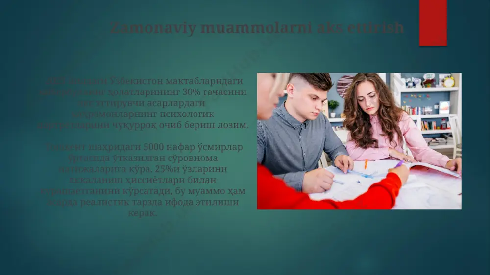 hi (taxminan 70% ga yaqin), onlayn muloqot uslublari va siyosiy qarashlarining oʻziga xos xususiyatlarini koʻrsatish asar realligi uchun muhim ahamiyat kasb etadi. adabiyotshunoslik nuqtai nazaridan tahlil ўсмирлар ҳақидаги адабиётда 15-20 ёшлардаги ўзбек ёшларининг 21-аср глобаллашуви шароитидаги муаммоларини акс эттирилиши муҳимдир. тошкент, самарқанд каби йирик шаҳарлардаги ўсмирларнинг турмуш тарзи ва психологик хусусиятларини тасвирлашда реалистик услубнинг 3 та асосий хусусиятини қўллаш мақсадга мувофиқдир. turli janrlar va uslublarning qoʻllanilishi oʻsmirlar hayotiga bagʻishlangan 5 ta hikoyadan iborat toʻplam yaratishda, har bir hikoyada turli xil nusxa koʻchirish uslublari – masalan, epistolyar, kundalik yozuvlari va dramatik monologlar – qoʻllanilishi kitobning jozibadorligini oshiradi. oʻsmirlar haqidagi adabiy asarlarda 10 yoshdan 16 yoshgacha boʻlgan qahramonlarning ichki dunyosini aks ettirishda psixologik realizm va stream of consciousness uslublarining samarali qoʻllanilishi londondagi adabiyotshunoslar tomonidan tadqiq etilgan. milliy va umuminsoniy qadriyatlar o'zbekistonning 5 ta viloyatida o'tkazilgan 2023-yilgi tadqiqotlar milliy qadriyatlarning 70% dan ortiq yoshlar orasida saqlanib qolganligini ko'rsatdi, ammo umuminsoniy qadriyatlarga nisbatan bilish …