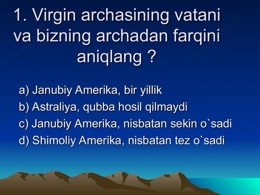 archadoshlar oilasiga mansub manzarali o’simlik? a) zarafshon archasi b) saur archa c) sharq sauri d) virgin archasi 13. ochiq urug’li o’simliklar guruhini ko’rsating. a) sarv, archa, qarag’ay b) qarag’ay, chinor, terak c) archa, tol, saksovul d) qarg’ay, yantoq, archa 14. o'zbekiston tog'larida qaysi archa uchraydi? a) virgin archasi b) sharq sauri c) saur archa d) virgin va sharq sauri 15.qaysi o'simlik o'zbekistonda tabiiy holda uchramaydi? a) archa b) qarag'ay c) nok d) tok 16. qarag'aylar asosan qayerda keng tarqalgan? a) shimoliy yarimsharda b) shimoliy va o'rta mintaqalarda c) janubiy yarimsharlarda d) o'zbekistonning shimoliy hududlarida 17. qarag'ayning changchi qubbalari novdalarining qaysi qismida , urug'chi qubbalari qaysi qismida bo'ladi? a) uchki, pastki b) pastki, uchki c) pastki, o'rta d) uchki , o'rta 18. qarag'ayning tangachalarida urug'kurtak nechtadan bo'lib joylashadi? a) bittadan b) ikkitadan c) uchtadan d) beshtadan 19. bir uyli,yorug’sevar,barglari novdada ikkitadan o’rnashgan,urug’idan yaxshi o’sadigan o’simlikni aniqlang. a) qarag’ay b) terak c) …