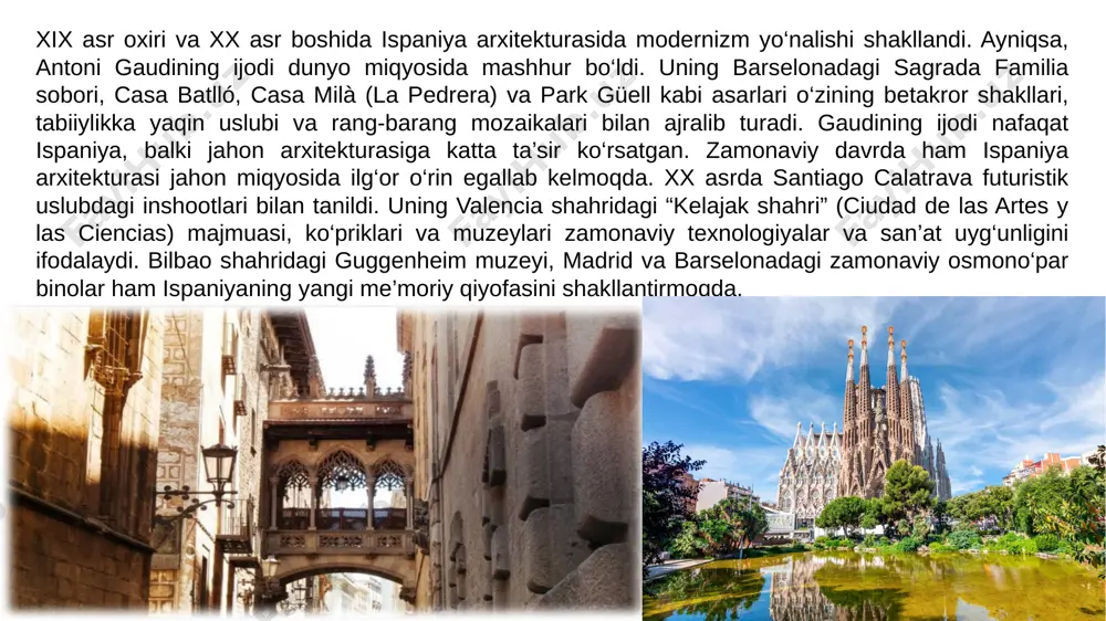 y me’moriy loyihalarga alohida e’tibor qaratilmoqda. masalan, madrid shahrida “cuatro torres” (“to‘rt minora”) deb ataladigan osmono‘par binolar majmuasi qad rostlagan bo‘lib, ular 250 metrdan yuqori balandlikka ega. barselona shahridagi “torre glòries” (avval “agbar minorasi” deb atalgan) zamonaviy shahar qiyofasining ramziga aylangan. bu bino fransuz me’mori jan nouvel tomonidan loyihalashtirilgan va 2005-yilda foydalanishga topshirilgan. ispaniyaning boshqa shaharlarida ham innovatsion loyihalar amalga oshirilmoqda. masalan, seviladagi “metropol parasol” (xalq orasida “setas de sevilla” – “sevilya qo‘ziqorinlari” deb ataladi) yog‘ochdan qurilgan ulkan konstruksiya bo‘lib, dunyodagi eng katta yog‘och inshoot hisoblanadi. u 2011-yilda foydalanishga topshirilgan va shahar markazida madaniy maydon vazifasini bajaradi. valencia shahridagi santiago calatrava loyihasi asosida qurilgan “kelajak shahri” majmuasi ispaniya zamonaviy arxitekturasining eng yirik namunalaridan biridir. bu majmua 350 ming kvadrat metr maydonni egallagan bo‘lib, unda muzey, teatr, planetariy, akvarium va ilmiy markazlar joylashgan. ushbu majmua nafaqat arxitektura, balki turizm va iqtisodiy rivojlanishga ham katta hissa qo‘shmoqda. e’tiboringiz uchun rahmat. image10.png image11.png …