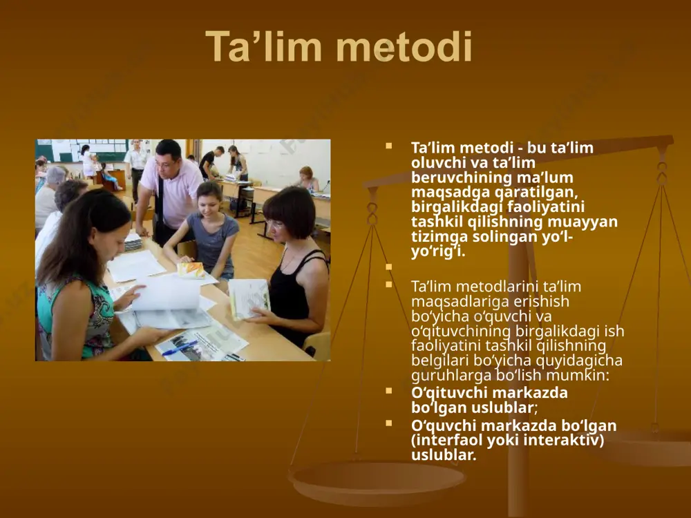 o'z ichiga oladi. milliy modelimiz bu – shaxs davlat va jamiyat, uzluksiz ta'lim, fan, ishlab chiqarishning uzviy birligi va hamkorligi, ularning o'zaro bir-biriga aloqasini aks ettiradi. xulosa ta’lim texnologiyasi yuqorida sanab o‘tilgan beshta sababiy shartlarni barcha talablariga javob beradigan ta’limiy tadbirdir. bu zaruriyat, shu vaqtgacha tahsil oluvchilar yopiq tafakkur paradigma (namuna, misol) lari asosida o‘qitilganligi, ularda o‘zgacha nuqtai nazarnitan olmaslik, faqat o‘z fikrini to‘g‘ri deb bilish shakllantirilganligidandir. bu hol har qanday taraqqiyotga g‘ov bo‘lib, shu paradigmada yurgan kishilarniinqiroz sari yetaklaydi. jamiyatimiz jadallik bilan taraqqiy etib, iqtisodiy va siyosiy mavqei kundan-kunga ortib bormoqda. ammo ijtimoiy sohada va ayniqsa,ta’lim-tarbiyada depsinish va umumiy taraqqiyotdan orqada qolish sezilmoqda. bunday noxush vaziyatdan chiqib ketish yo‘llaridan biri ta’lim-tarbiyajarayonini qabul qilingan davlat standartlari asosida texnologiyalashtirishdir. adabiyotlar: 1. «ta'lim to'g"risida»gi zbekiston respublikasining qonuni. - t. 1997. 29avgust. 2. kadrlar tayyorlash milliy dasturi. - t. 1997. 29 avgust. 3. yodgorov o.o. “pеdagogik tехnologiyalar” fanidan ma’ruzalar matni. 4. b.l.farbеrman “oliy …