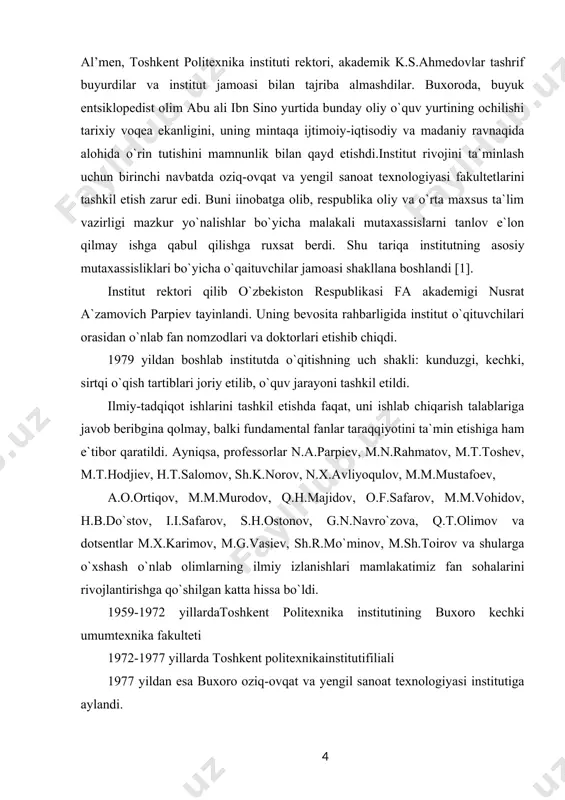 katimiz fan sohalarini rivojlantirishga qo`shilgan katta hissa bo`ldi. 1959-1972 yillardatoshkent politexnika institutining buxoro kechki umumtexnika fakulteti 1972-1977 yillarda toshkent politexnikainstitutifiliali 1977 yildan esa buxoro oziq-ovqat va yengil sanoat texnologiyasi institutiga aylandi. 2011 yil 25-iyulda vazirlarmahkamasining 231-sonli qaroribilan buxoro oziqovqat va yengil sanoati texnologiya institutini buxoro yuqori texnologiyalar va muhandislik texnika institutiga aylantirish. 2013 yil 15-aprel pq-1954-son bilan buxoro muhandislik texnologiya institutiga aylantirildi. “yengil sanoat texnologiyalari va jihozlari» kafedrasi tarixi. o`zbekiston respublikasi prezidentining 2011 yil maydagi 1533 – sonli qarori va o`zbekiston respublikasi vazirlar mahkamasining “buxoro oziq – ovqat va yengil sanoat texnologiyasi institutini buxoro yuqori texnologiyalar muhandislik – texnika institutiga aylantirish to`g’risida” gi 2011 yil 25 iyundagi 213 – son qaroriga binoan institutning nomi “buxoro yuqori texnologiyalar muhandislik – texnika instituti”ga o`zgartirildi. o`zbekiston respublikasi prezidentining 15.04.2013 yildagi pq 1954-sonli qaroriga va o va o`mtvning 16.04.2013 yildagi №124 sonli “buxoro muhandislik- texnologiya instituti faoliyatini tashkil etish to`g’risida”gi buyrug’iga asosan “muhandislik-texnika” fakul'teti …