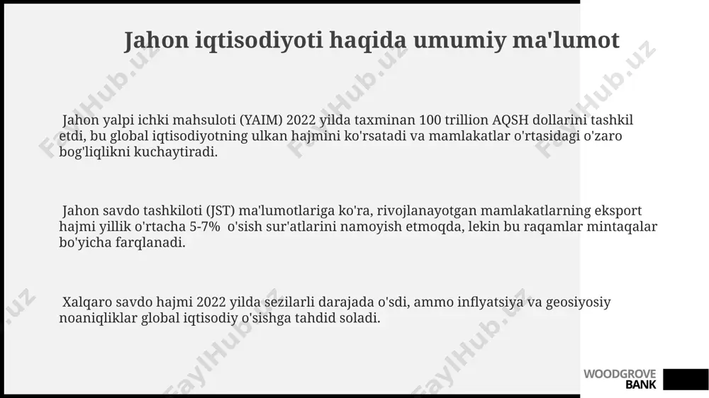 il hisoblanadi. woodgrove bank tashqi savdo va investitsiyalar 2022 йилда ўзбекистоннинг ташқи савдо айланмаси 50 млрд. ақш долларидан ошди, бу экспортнинг 15% га ўсишини ва импортнинг 10% га кўпайишини англатади. ўзбекистоннинг ташқи савдосида россия ва хитой каби давлатлар етакчи ўринларни эгаллаб, умумий савдо ҳажмининг 40% дан ортиғини ташкил этади. ўзбекистонга тўғридан-тўғри хорижий инвестициялар оқими 2023 йилнинг биринчи чорагида 2 млрд. ақш долларини ташкил этди, бу асосан энергетика ва қишлоқ хўжалиги соҳаларига йўналтирилган. woodgrove bank muammolar va istiqbollar tashqi qarzning yalpi ichki mahsulotga nisbati 2022 yilda 35% atrofida boʻlib, bu koʻrsatkichni barqarorlashtirish va kamaytirish uchun moliyaviy siyosatni optimallashtirish zarur. oʻzbekistonning jahon iqtisodiyotiga integratsiyalashuvi darajasi 2023 yilda taxminan 40% ni tashkil etgan boʻlib, bu koʻrsatkichni 2030 yilga kelib 60% ga yetkazish maqsad qilingan. mamlakatning eksport salohiyatini oshirish uchun 5 yillik strategiyada qishloq xoʻjaligi mahsulotlari va toʻqimachilik sanoati kabi tarmoqlarga 2 milliard dollarlik investitsiyalar kiritilishi rejalashtirilgan. woodgrove bank xalqaro hamkorlik va integratsiya мдҳ …