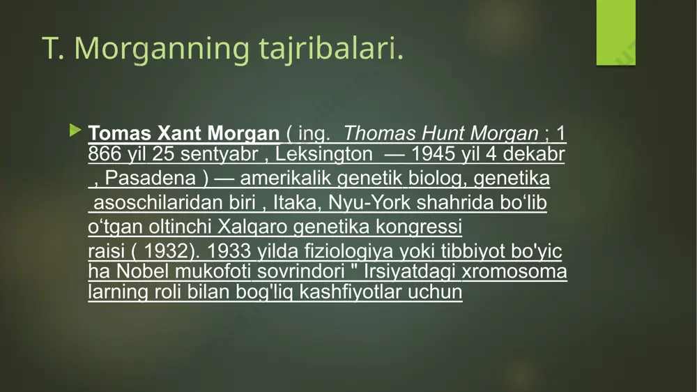 nning yangi bilim sohasiga - genetikaga qiziqishini uyg'otdi . olim bor-yoʻgʻi toʻrt juft xromosomaga ega boʻlgan, koʻpayish tezligi yuqori va umri qisqa boʻlgan drozofila pashshasini oʻrganar ekan, oʻz shogirdlari k.bridges , a.sturtevant va g.myoller bilan birgalikda xromosoma nazariyasi deb atalmish nazariyani yaratdi. irsiyat [3] . belgilarning bog'langan irsiyatini aniqlab, u xromosomadagi genlar bir-biriga yaqin joylashganligini taklif qildi va ushbu rasmni aks ettiruvchi "xaritalar" ni yaratdi turlarning irsiyat va o'zgaruvchanligi fenomenining uzoq muddatli tadqiqotlari morganning drosophila pashshasi bilan o'tkazgan tajribalaridan keyingina muvaffaqiyat bilan yakunlandi [a]. olim ma'lum irsiy xususiyatlarning tashuvchisi sifatida genlar nazariyasini ishlab chiqdi, u drosophilaning barcha o'rganilgan xususiyatlarini irsiy bo'lgan va drozofilada to'rt juft xromosoma mavjudligi bilan bog'liq bo'lgan to'rt guruhga ajratdi. olimlar ushbu xromosomalarning kombinatsiyasi minglab turli genlardan oshmasligini ta'kidladilar. chivin qanday genlarga ega ekanligiga qarab, u u yoki bu turga tegishli bo'ladi. drosophila bilan o'tkazilgan minglab tajribalar morganistlarga ma'lum bir gen xromosomaning qayerda joylashganligini aniqlash uchun ishlatilishi …