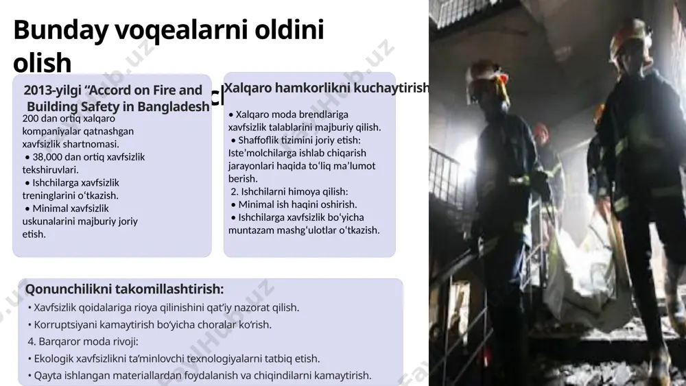 n vaqtinchalik ish haqi yoki aliment. 3 miqdori har oy 100 – 500 aqsh dollari miqdorida nafaqa to‘lanadi. 5 reabilitatsiya va qayta o‘qitish maqsad ishchilarni yangi malaka va kasblar bilan ta’minlash. shakli kasbiy o‘quv dasturlari va qayta o‘qitish. miqdori 500 – 2,000 aqsh dollari miqdorida o‘qitish xarajatlari qoplanadi. 6 har bir ishchi uchun sug‘urta to‘lovlari maqsad ishchilarning xavfsizligini moliyaviy himoya qilish. shakli ish beruvchilar tomonidan majburiy sug‘urta tizimining joriy etilishi. miqdori halok bo‘lganlar uchun: 5,000 – 15,000 aqsh dollari. jarohatlanganlar uchun: 1,000 – 5,000 aqsh dollari. 7 huquqiy yordam maqsad zarar ko‘rgan insonlarning qonuniy huquqlarini himoya qilish. shakli advokatlar xizmatini tashkil etish. miqdori zarur bo‘lganda sud orqali kompensatsiya olish. 8 moliyaviy manbalar davlat yordami davlat favqulodda jamg‘armalari ishga solinadi va bu orqali zarar yetgan aholi qatlamiga kerakli bo’lgan to’lovlar to’lanishiga ko’maklashiladi . xalqaro tashkilotlar xalqaro xayriya fondlari va mehnat huquqlari tashkilotlari yordam beradi. korxonalar javobgarlikni tan olgan kompaniyalar kompensatsiya jamg‘armalari …