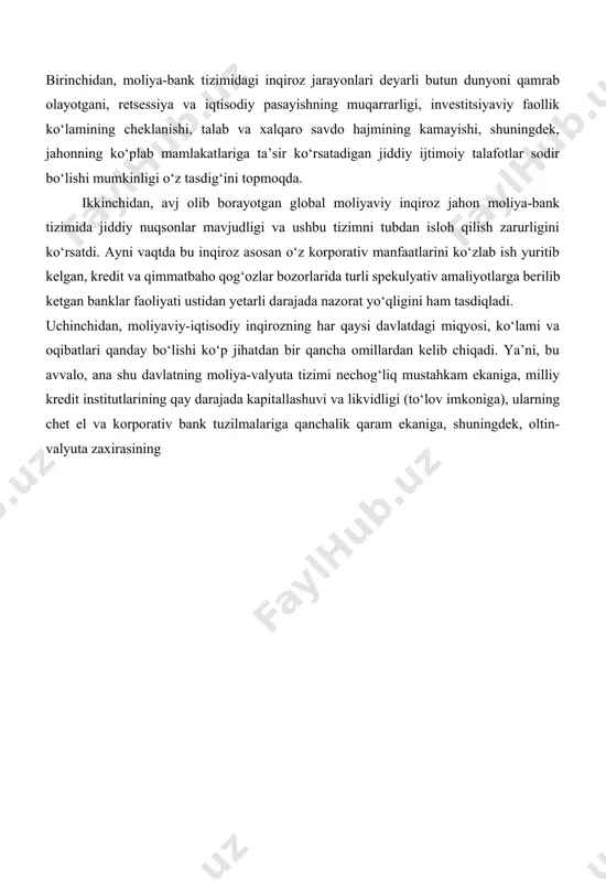 atlarining keskin pasayib ketishi bilan bog‘liq ishsizlik va boshqa salbiy oqibatlarni keltirib chiqardi. hozirgi vaqtda bir qator yetakchi tahlil va ekspertlik markazlari global moliyaviy inqiroz holatini va uning yuz berishi mumkin bo‘lgan oqibatlariga doir materiallarni o‘rganish va umumlashtirish natijasida quyidagi xulosalarga kelmoqda. birinchidan, moliya-bank tizimidagi inqiroz jarayonlari deyarli butun dunyoni qamrab olayotgani, retsessiya va iqtisodiy pasayishning muqarrarligi, investitsiyaviy faollik ko‘lamining cheklanishi, talab va xalqaro savdo hajmining kamayishi, shuningdek, jahonning ko‘plab mamlakatlariga ta’sir ko‘rsatadigan jiddiy ijtimoiy talafotlar sodir bo‘lishi mumkinligi o‘z tasdig‘ini topmoqda. ikkinchidan, avj olib borayotgan global moliyaviy inqiroz jahon moliya-bank tizimida jiddiy nuqsonlar mavjudligi va ushbu tizimni tubdan isloh qilish zarurligini ko‘rsatdi. ayni vaqtda bu inqiroz asosan o‘z korporativ manfaatlarini ko‘zlab ish yuritib kelgan, kredit va qimmatbaho qog‘ozlar bozorlarida turli spekulyativ amaliyotlarga berilib ketgan banklar faoliyati ustidan yetarli darajada nazorat yo‘qligini ham tasdiqladi. uchinchidan, moliyaviy-iqtisodiy inqirozning har qaysi davlatdagi miqyosi, ko‘lami va oqibatlari qanday bo‘lishi ko‘p jihatdan bir qancha …