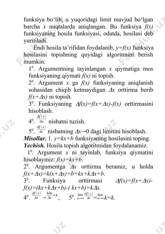 sinusoidaga urinadi. (1-chizma) urinmaga ta’rif berish uchun limit tushunchasidan foydalanishga to‘g‘ri keladi. faraz qilaylik g biror egri chiziq yoyi, m0 shu egri chiziqning nuqtasi bo‘lsin. egri chiziqqa tegishli n nuqtani tanlab, m0n kesuvchi o‘tkazamiz. agar n nuqta egri chiziq bo‘ylab m0 nuqtaga yaqinlashsa, m0n kesuvchi m0 nuqta atrofida buriladi. shunday holat bo‘lishi mumkinki, n nuqta m0 nuqtaga yaqinlashgan sari m0n kesuvchi biror m0t limit vaziyatga intilishi mumkin. bu holda m0t to‘g‘ri chiziq g egri chiziqning m0 nuqtasidagi urinmasi deyiladi. (2-chizma) 3-chizma 4-chizma 5-chizma agar kesuvchining limit holati mavjud bo‘lmasa, u holda m0 nuqtada urinma o‘tkazish mumkin emas deyiladi. bunday hol m0 nuqta egri chiziqning qaytish nuqtasi (3,4 -chizma), yoki sinish (o‘tkirlanish) nuqtasi (5-chizma) bo‘lganda o‘rinli bo‘ladi. egri chiziq urinmasining burchak koeffitsientini topish masalasi endi g egri chiziq biror oraliqda aniqlangan uzluksiz y=f(x) funksiyaning grafigi bo‘lgan holda urinmaning burchak koeffitsientini topaylik. qaralayotgan f(x) funksiya grafigini ifodolovchi g chiziqqa tegishli m0 nuqtaning …