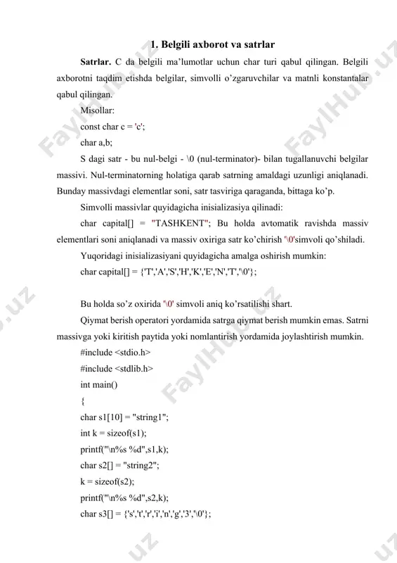 f("%s",&s); int i, j; for ( i = j = 0; s[i] ! = '\0'; i++) if ( s[i] ! = 'c' ) s[j++] = s[i]; s[j] = '\0'; printf("%s",s); return 0; } xar safar 's' dan farqli simvol uchraganda, u j pozisiyaga yoziladi va faqat shundan so’ng j ning qiymati 1 ga oshadi. bu quyidagi yozuvga ekvivalent: if ( s[i] ! = c ) s[j] = s[i]; j++; funksiyalar va satrlar. funksiyalarda satrlar ishlatilganda ularning chegarasini ko’rsatish shart emas. satrlarning uzunligini hisoblash len funksiyasini quyidagicha ta’riflash mumkin: int len(char c[]) { int m = 0; for(m = 0;c[m]! = ’0’;m++); return m; }; shufunksiyadanfoydalanilgandasturnikeltiramiz: #include int len(char c[]) { int m = 0; while(c[m++]); return m-1; }; int main() { char e[] = "pro tempore!"; printf("\n%d", len(e)); return 0; } bu funksiyaning standart varianti strlen deb ataladi va bu funksiyadan foydalanish uchun string.h sarlavha faylidan foydalanish lozim. satrdan nusxa …
