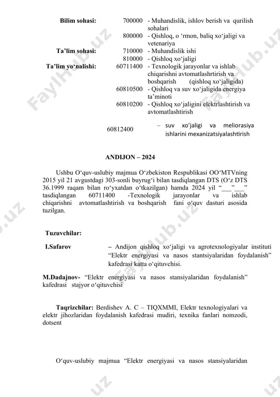 etilgan. kafedra mudiri: b.shakirov kirish avtomatika — mashina texnikasi rivojlanishining yuqori pog'onasi hisoblanadi. bunda odamlar nafaqat jismoniy mehnatdan, balki mashina, qurilmalar va ishlab chiqarish jarayonlarini nazorat qiiish va ulami boshqarishdan xalos bo'ladilar. avtomatika mehnat unumdorligini oshirish, ish sharoitlarini yaxshilash, jismoniy va aqliy mexnatni bir-biriga yaqinlashtirish kabi ko'plab jarayonlar uchun hizmat qiladi.bugungi kunda avtomatika alohida fan sifatida o 'z yo'nalishlariga ega. bu fan avtomatik boshqarish tizimlarining nazariyasi va uning tuzilish tamoyillari bilan shug' ullanadi.fanning maqsadi talabalarda avtomatik boshqarish va rostlash tizimlari va texnik vositalami tahlil qiiish hamda ulami qishloq va suv xo'jaligi sohalarida foydalanish bo'yicha nazariy va amaliy bilimlarni shakllantirishdan iborat.hozirgi davrda fan texnika taraqqiyoti shunday ilgari surildiki, mavjud texnika va texnologiyalar ishlab chiqarishda yangi, har taraflama zamon talabiga javob beradigan texnik vositalar bilan ta'minlash zaruriyati tug'ildi. xorijiy mamlakatlardan keltirilayotgan yangi texnika va texnologiyalami o'zlashtirish esa yuqori bilim va malaka talab etadi. qishloq va suv xo'jaligim ishlab chiqarishda avtomatik boshqarish tizimlarini …
