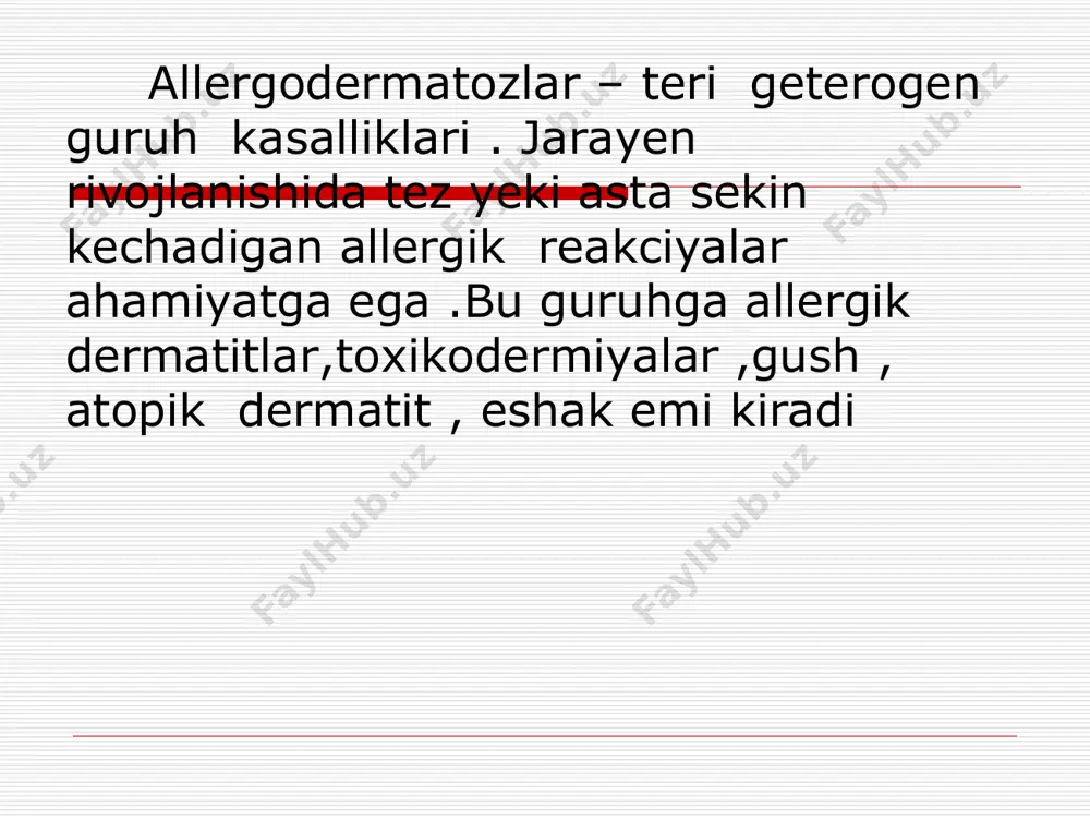 nzara tahminiy allergen bilan allergik teri sinamalarini utqazish 1) kompressli ; 2) tomchili ; 3) scarifikaciyali . тashhis differencial tashhis exema тоksidermiya davolash тa’sirotni yuq qilish giposensibilizaciyalanuvchi terapiya mahalliy terapiya тoxidermiya organizmga sensibilizaciya hususiyatlariga ega moddalar nafas , parenteral yullari orqali , istemol qilganda kiradi va utkir toxikoallergik teri yalliglanuvchi jarayenga sababchi buladi etiologiya va patogenez sabablar : dori –vositalar оziq ovqat oziq ovqat konservantlari мetallik protezlar kontraceptivlar кlinik kurinish тarqoq toxidermiya dog urtika papula papulovezikulez toshmalar qichishish eritrodermiya ogiz shilliq qavatida –eritematoz -shishli, gemorragik va bullez –eroziv elementlar кlinik kurunish fixaciyalangan toxidermiya : shishgan giperemiyalashgan dumaloq yeki ovalsimon doglar ,markazida pufak bulishi mumkin тоxidermiyaning ogir turalri layellning epidermal toxik nekrolizi тoxidermiyani davolash fixaciyalangan toxidermiya : sababini yuq qilish mahalliy yalliglanishga qarshi vositalar antiseptik vositalar тarqalgan tohidermiya siydik haydidigan vositalar antigistamin vositalar кortikosteroid gormonlar plazmafarez gemosorbciya mahalliy suyukli chayqatma kortikosteroid malhamlar layell sindromi ogir toxikoallergik kasallik . bemorni hayetini havf …