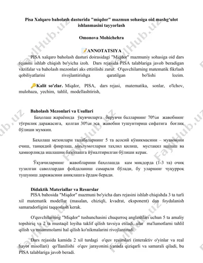 "pisa xalqaro baholash dasturida miqdor mazmun sohasiga oid dars rejasi" — DOCX