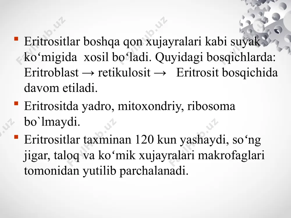 ransferrin va ferritin oqsillarida kuzatiladi. ozuqa maxsulotlarda fe3+ xolatda oqsillar yoki organik kislotalar bilan birikkan xolatda boʻladi. uning ajralishi oshqozondagi kislotali muxit ta'sirida kechadi. temir asosan 12-barmoqli ichakda soʻriladi. askorbin kislotasi temirni qaytaradi va soʻrilishini osonlashtiradi, chunki ichak shilliq qavat epiteliysiga faqat fe2+ oʻtishi mumkin. enterositlardan temirni qonga oʻtishi apoferritin sintezi tezligiga bogʻliq. u temirni enterositlarda ushlab qoladi, ferritinga aylantiradi va enterositlarda saqlanadi. organizmda temir miqdori yuqori boʻlganda apoferritin sintezi jadallashadi, kamayganda toʻxtaydi. organizmga tushgan 15-20 mg temirning atigi 5-10% soʻriladi. uning soʻrilishi transferrin oqsili ishtirokida kechadi. bir sutkada organizmdan 1 mg temir ekskresiyalanadi. organizmda temir almashinuvida muhim ahamiyatga ega boʻlgan transferrin va ferritin oqsillari mavjud. transferrin transferrin – glikoproteid. uning vazifasi temir toʻplanib boradigan va sarflanadigan toʻqimalarga qon orqali temir tashib berish. jigarda sintezlanadi. transferrinning qondagi konsentrasiyasi 0,4 g\dl ga teng. transferrinning temir bilan toʻyinishi 33% tashkil qiladi. transferrin xujayra membranalarining spesifik reseptorlari bilan bogʻlanib sitozolda ca2+-kalmodulin kompleksini xosil …
