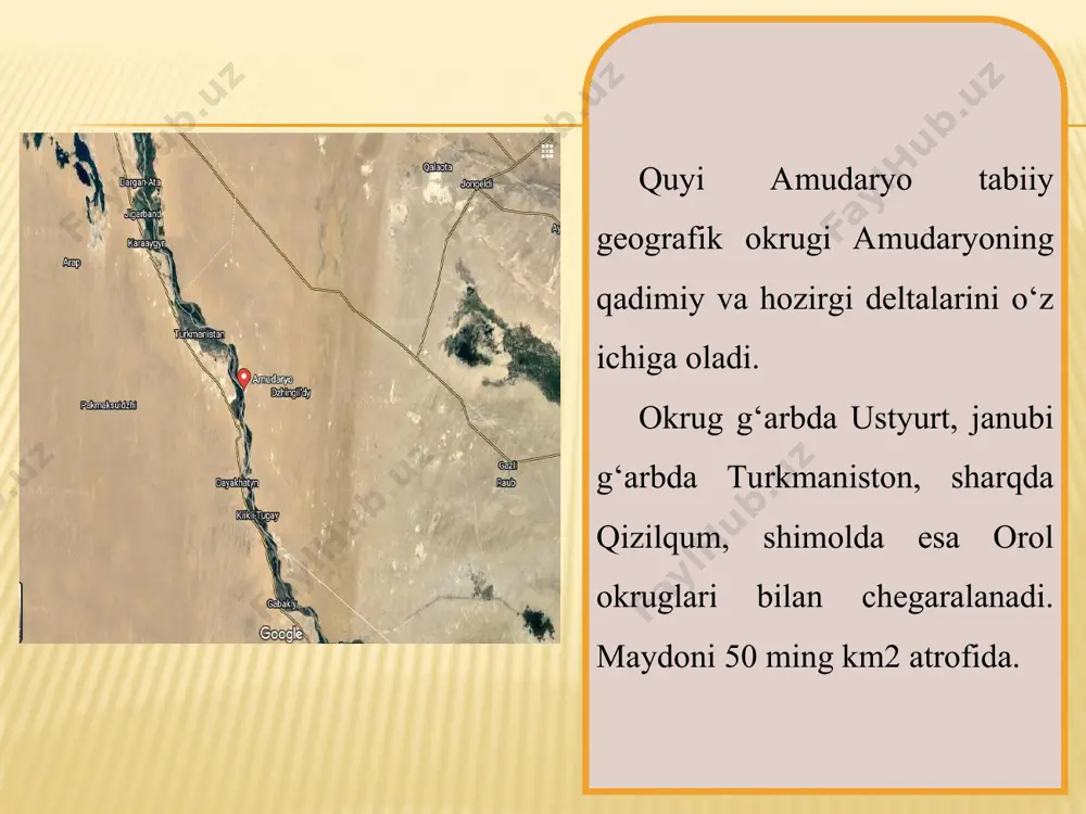 ida nisbiy balandliklari 60—80 m ga yetuvchi bir nechta tepalik va qoldiq tog‘lar joylashgan. ularning eng muhimlari quyonchiq, qoratov, jumirtov, barlitov va boshqalardir. quyi amudaryo okrugi negizida bo‘r davri yotqiziqlari joylashgan. uning ustilarini paleogen, neogen va antropogen alluvial yotqiziqlari (gil, gilli qum, qumoq va boshqalar) qoplab olgan. okrugda qazilma boyliklardan har xil tuzlar, qurilish materiallari, sulton uvays tog‘ida marmar, temir koni mavjud (43- rasm).