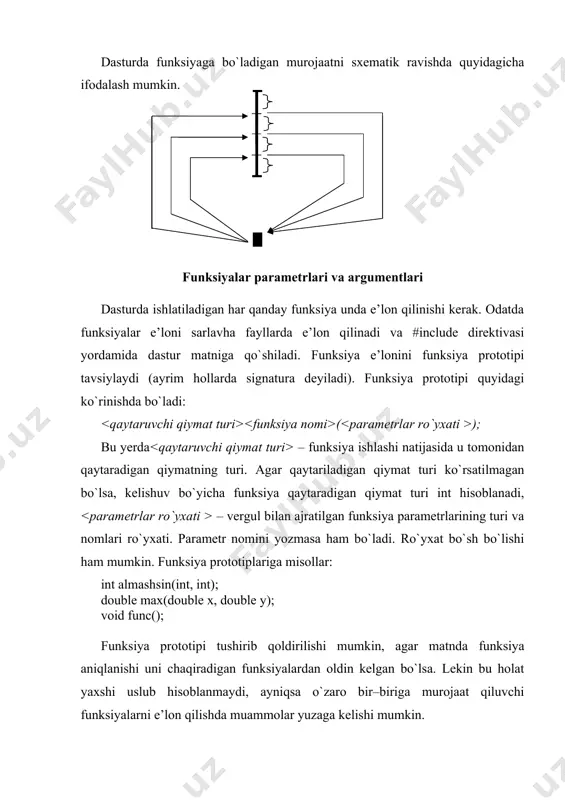 c++ tilida masala yechishdagi kalit elementlaridan biri hisoblanadi. dasturda funksiyaga bo`ladigan murojaatni sxematik ravishda quyidagicha ifodalash mumkin. funksiyalar parametrlari va argumentlari dasturda ishlatiladigan har qanday funksiya unda e’lon qilinishi kerak. odatda funksiyalar e’loni sarlavha fayllarda e’lon qilinadi va #include direktivasi yordamida dastur matniga qo`shiladi. funksiya e’lonini funksiya prototipi tavsiуlaydi (ayrim hollarda signatura deyiladi). funksiya prototipi quyidagi ko`rinishda bo`ladi: ( ); bu yerda – funksiya ishlashi natijasida u tomonidan qaytaradigan qiymatning turi. agar qaytariladigan qiymat turi ko`rsatilmagan bo`lsa, kelishuv bo`yicha funksiya qaytaradigan qiymat turi int hisoblanadi, – vergul bilan ajratilgan funksiya parametrlarining turi va nomlari ro`yxati. parametr nomini yozmasa ham bo`ladi. ro`yxat bo`sh bo`lishi ham mumkin. funksiya prototiplariga misollar: int almashsin(int, int); double max(double x, double y); void func(); funksiya prototipi tushirib qoldirilishi mumkin, agar matnda funksiya aniqlanishi uni chaqiradigan funksiyalardan oldin kelgan bo`lsa. lekin bu holat yaxshi uslub hisoblanmaydi, ayniqsa o`zaro bir–biriga murojaat qiluvchi funksiyalarni e’lon qilishda muammolar yuzaga kelishi …