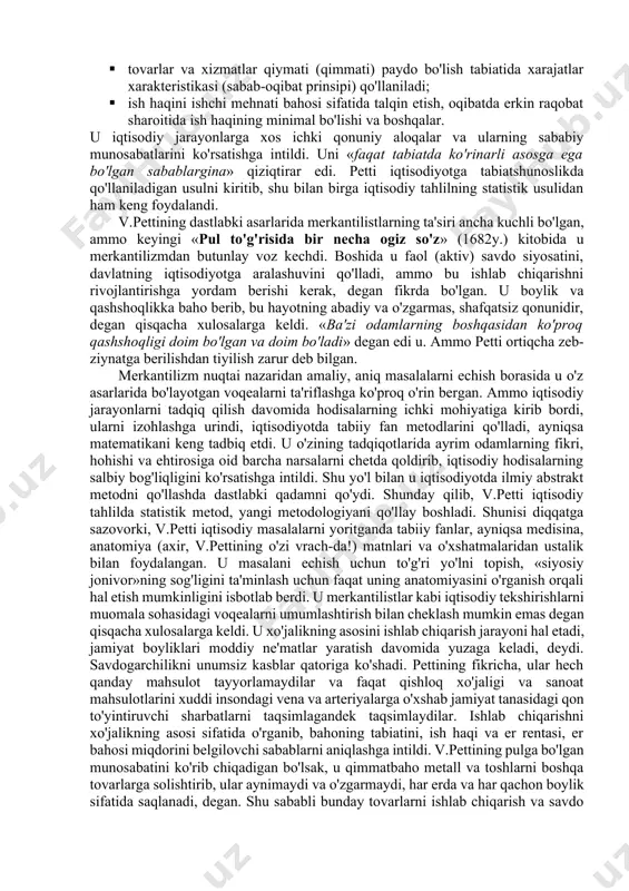 a (ma'lum shart bilan) 4 bosqichni ajratadi: 1-bosqich xvii asr oxiri – xviii asr boshiga to'g'ri keladi. bu bosqichda merkantilizm ta'limotining xatolari yoritib beriladi va uning asoschilari v.petti va p.buagilber bir-biridan bexabar qiymatning mehnat nazariyasini ilgari surdilar va har qanday qiymatning manbai va o'lchovi sifatida tovar mahsulot yoki boshqa boylikni yaratish uchun sarflangan mehnat miqdori hisoblanadi. boylik va farovonlik muomala sohada emas, ishlab chiqarish sohasida yaratilishi ko'rsatiladi. bu bosqich xviii asr o'rtalarida va 2-yarmida fransiyalik f.kene va a.tyurgolar tomonidan ilgari surilgan fiziokratizm bilan yakunlanadi. sof mahsulot (milliy daromad) manbaini qidirish orqali asosiy e'tiborni mehnat bilan erga qaratdilar. merkantilizm tanqid qilinib, tahlilda ishlab chiqarish asossiz ravishda muomala sohasidan to'la ajratib qo'yilgan. 2-bosqich xviii asr oxiri va xix asr boshiga to'g'ri kelib, a.smit asarlaridagi iqtisodiy g'oyalarda aks etgan. 3-bosqich xix asrning 1-yarmiga to'g'ri kelib fransiyalik j.b.sey va f.bastiya, inglizlar d.rikardo, t.maltus va n.senior, amerikalik g.keri va boshqalar asarlaridagi g'oyalar bilan bog'liq. 4-yakunlovchi …