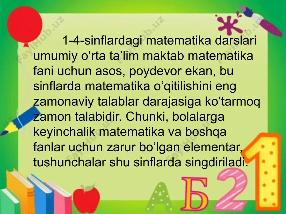 ak. matematika to’garagi sinfdan tashqari ishlarning eng ommalashgan turi. to’garak ixtiyoriy ravishda tuziladi. har qaysi matematika to’garagida qatnashadigan o’quvchilar soni 15-20 dan oshmasligi kerak, aks holda o’qituvchiga qiyinchilik tug’diradi va o’quvchilar to’garakda aktiv ishtirok eta olmaydilar. mashg’ulot 30 - 40 minut davom etsa yetarli. to’garak ishlarini boshlashdan oldin o’qituvchi kamida 3 - 4 mashg’ulotga yetadigan material tayyorlab, uni rejalashtirish va to’garakni tashkil qilishga tayyorgarlik ko’rishi kerak. matematikadan sinfdan tashqari o’tkaziladigan mashg’ulotlardan biri ekskursiyadir. ekskursiyalarni tashkil etish va o’tkazish asosan, darsdan tashqari vaqtda amalga oshirilsa ham uning tayyorgarlik va yakunlash bosqichi dars mashg’ulotlari bilan uyg’unlashib ketadi. ekskursiyani samarali o’tishi o’qituvchining puxta tayyorgarligiga bog’liq. maktabda matematikadan sinfdan tashqari ishning asоsiy fоrmasi matematika to‘garagidir. maktabda matematika to‘garagi bo‘lmasa, sinfdan tashqari ishlarning bоshqa hech qaysi shakli mumkin bo‘lmaydi.chunki o’quvchilar to’garak orqali boshqa mashg’ulotlarga qiziqib, tashabbus bilan chiqishadi. matematika to‘garagi ishini to‘g‘ri tashkil qilganda va uni o‘tkazish uslubidan to‘g‘ri fоydalanilganda, o‘quvchilar matematikaga qiziqish uyg‘оtish va …