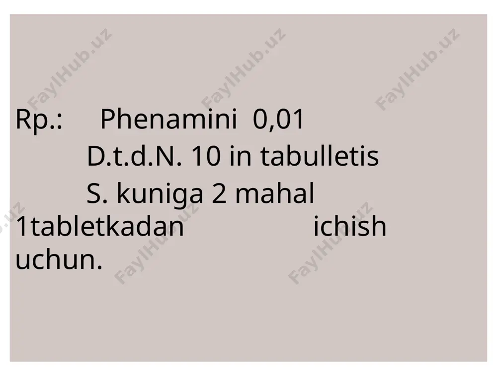 birga buyurilmaydi (1-2xaftadan so`ng), pss qo`zgaladi, jigar, buyrak, qyaa patologiyasi, bmqab, yqtkdb, diabetda qo’llanilmaydi. rp. : solutionis imizini 1,25%-2 ml d.t.d.n. 5 in ampullis s. tomir ichiga yuborilsin. amitriptilin-amitriptylnum 0,025 g tabletka, ovqatdan keyin 2/8tabletkadan 3/4mahalga buyuriladi. 1%-2ml ampulalarda muskul/orasiga yuborish uchun ishlab chiqariladi. endogen depressiyalar, xavotir-depressiv xolatlarda qo’llaniladi. nojo’ya ta’sirlari:og’iz qurishi,qorachiq kengayishi,qo’l-oyoqlarning uvushishi, qaltirash. rp.: tabulettae amitriptillini 0,025 d.t.d.n. 10 s. 1 tabletkadan ichilsin. nialamid-nialamidum -0,025 g tabletka/draje ko’rinishida ishlab chiqariladi.ertalab-kechqurun 2/12tagacha buyuriladi. turli nozologik, tormozlanish, astenik xolatlar bilan kechuvchi depressiyalarda qo’llaniladi. pediatriyada kam qo’llaniladi,7 yoshgacha bolalarga va homiladorlarga man etiladi. rp. : nialamidi 0,025 d.t.d.n. 30 in tabulettis s. kuniga 6 tabletkadan ichilsin. foydalanilgan adabiyotlar: азизова с.с. фармакология. тошкент, 2006й харкевич д.а. фармакология москва, 2010й базарова л. лотин тили ва фармацевтик терминология асослари. тошкент, 2017й салихужаев з. дори воситалари қўлланмаси. тошкент, 2015й машковский м.д. лекарственные средства. москва, 2010й www.evrofarm.uz e’tiboringiz uchun raxmat! image2.jpeg image3.jpeg image4.jpeg image5.jpeg image6.jpeg image7.jpeg …