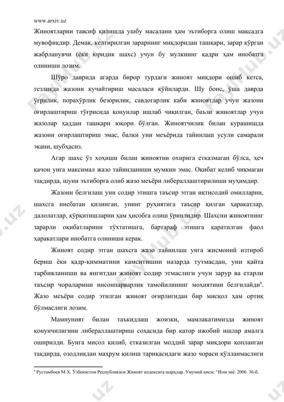 . жиноятчилик билан курашишда жазони оғирлаштириш эмас, балки уни меъёрида тайинлаш усули самарали экани, шубҳасиз. агар шахс ўз хоҳиши билан жиноятни охирига етказмаган бўлса, ҳеч қачон унга максимал жазо тайинланиши мумкин эмас. оқибат келиб чиқмаган тақдирда, шуни эътиборга олиб жазо меъёри либераллаштирилиши муҳимдир. жазони белгилаш уни содир этишга таъсир этган иқтисодий омилларни, шахсга нисбатан қилинган, унинг руҳиятига таъсир қилган ҳаракатлар, далолатлар, қўрқитишларни ҳам ҳисобга олиш ўринлидир. шахсни жиноятнинг зарарли оқибатларини тўхтатишга, бартараф этишга қаратилган фаол ҳаракатлари инобатга олиниши керак. жиноят содир этган шахсга жазо тайинлаш унга жисмоний изтироб бериш ёки қадр-қимматини камситишни назарда тутмасдан, уни қайта тарбияланиши ва янгитдан жиноят содир этмаслиги учун зарур ва етарли таъсир чораларини инсонпарварлик тамойилининг моҳиятини белгилайди . жазо меъёри содир этилган жиноят оғирлигидан бир мисқол ҳам ортиқ бўлмаслиги лозим. мамнуният билан таъкидлаш жоизки, мамлакатимизда жиноят қонунчилигини либераллаштириш соҳасида бир қатор ижобий ишлар амалга оширилди. бунга мисол қилиб, етказилган моддий зарар миқдори қопланган тақдирда, озодликдан …
