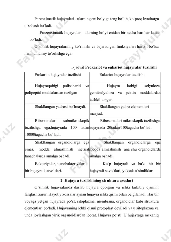 sti. u hujayraga mexaniq mustaxkamlikni beradi, protoplazmatik membranani gidrostatik bosimdan himoya qiladi. yosh hujayralarda po‘st o‘sish qobiliyatiga ega moddalarni yutilishida ishtirok etadi. u protoplast kompanentlaridan hosil bo‘ladi. ona hujayra bo‘linayotganida ikkita yosh hujayra oraligida parda to‘siq paydo bo‘ladi, u eski po‘st bilan qo‘shilib ketadi va hosil bo‘lgan ikkita hujayra ham avalgi qattiqk po‘stga o‘raladi. hujayra po‘stining 100 mkm yuzasida 10-30ta plazmodesmalar uchraydi. hujayra po‘sti tarkibida selyuloza, gemitselyuloza va pektin moddalari(30%, 40%, va 25% nisbatda) uchraydi. hujayra po‘sti uch qavatdan iborat. asosan ichki qavat yo‘g‘onlashishi xususiyatiga ega. ikkinchisi uch qatlamdan iborat. hujayra po‘stida invertaza, fosfotaza, askorbatoksidaza kabi fermentlar bo‘lib, u ham enzimatik faol hisoblanadi. ma'lumki hujayra po‘sti suv va suvda erigan moddalarni yaxshi o‘tkazdiradi. biroq uning yog‘ochlashishi o‘tkazuvchanlikni sezilarli kamaytiradi, po‘kaklashish esa o‘tkazuvchanlikni keskin kamaytiradi. endoplazmatik to‘r.uni 1945 yilda porter aniqlagan. u kanalcha, pufakchalar va sisternalarning o‘zaro tutashgan murakkab shoxlangan tur sistemasini tashkil qiladi. endoplazmatik to‘r sitoplazmada keng tarqalgan va murakkab …