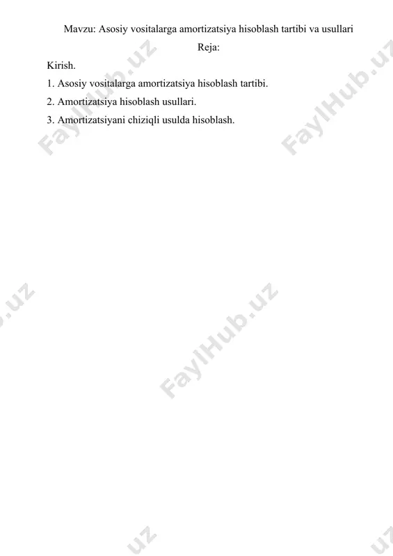 lar. 6. to’iq amortizatsiyalangan asosiy vositalar. asosiy vositalarga amortizatsiya hisoblashda quyidagi usullardan foydalaniladi: 1. to‘g'ri chiziqli - har yili bir xil m iqdorda (foizda) amortizatsiya hisoblash. 2. ishlab chiqarish (bajarilgan ishlar hajm iga mutanosib ravishda hisoblash usuli). bunda amortizatsiya summasi bajarilgan ishlaming miqdoriga qarab, masalan, tex-nika bo‘yicha etalon gektarga mutanosib ravishda xarajatga olib boriladi. bu usulda hisoblangan amortizatsiya asosiy vositaning qancha marta ishlatilganligi yoki qancha mahsulot birligi ishlab chiqarilganligi bo‘yicha ham taqsimlanishi mumkin. 3. qoldiqning kamayishi usuli. bu usul asosiy vositalardan foydalanish muddatidaamortizatsiya summasining doim o kamayib borishini ifodalaydi. masalan, asosiy vositaning dastlabki qiymati 800000 so'm , amortizatsiya normasi 20% bo‘lganda, unga birinchi yil hisoblangan amortizatsiya summasi 320000 so‘m ni, ikkinchi yil 800000 - 320000 = 480000 - 40% = 192000 so‘m va hokazo. 4. kumulyativ (yillar yig‘indisi) usuli. bunda, agar asosiy vosita 5 yil foydalanishga mo‘ljallangan bo‘lsa: 1+ 2+ 3+ 4+ 5 =15 yil, uning dastlabki qiymati 800000 so‘m …