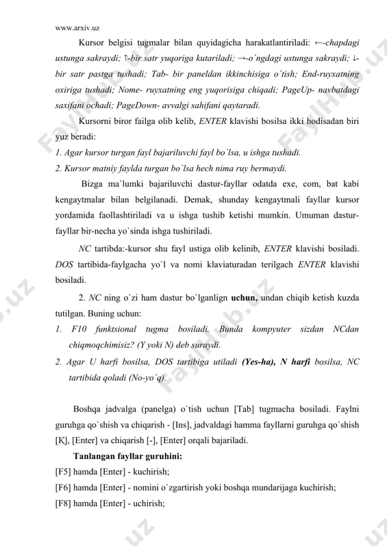 ndarijasini chaqirish; [alt - f2]- o`ng jadvalga kerakli disk mundarijasini chaqirish; funktsional tugmalarning vazifalari: [f1], (help)- nc bilan ishlash bo`yicha qisqacha qo`llanma sправка [f2], (meny) - foydalanuvchi tomonidan tuzilgan tavsiyanoma [f3], (view) - ajratilgan faylni ko`rish [f4], (edit) - ulchami 26480 baytgacha bo`lgan fayllarni tahrirlash [f5], (copy) - fayllardan nusxa olish. [f6], (renmov) - faylni qayta nomlash yoki kuchirish-boshqa katalogga o`tkazish. [f7], (mkdir) - yangi katalog ochish. [f8], (delete) - xotirani va boshqa narsalarni uchirish. [f9], (putldn) - ncning tavsiya nomasini faollashtirish. [f10] - nc dan chiqish. [alt - f7] - diskdan faylni qidirish; [alt - f8] - oldin kiritilgan (bajarilgan) komandalarni ko`rish va ulardan keraklisini bajarish; [alt - f9] - ekranda 25 talik qatordan 43 talik qatorga o`tish va aksincha; [alt - f10] - boshqa mundarijaga tez utish diskning mundarija tuzilishi daraxt ko`rinishida ekranga chiqadi. [ctrl - v] - ekrannning qo`yi satridagi tavsiyanomani olib tashlash yoki qo`yish; [ctrl - …