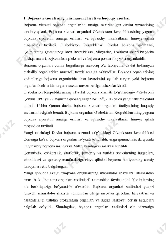 unga ko’ra, bojxona organlari ro’yxati to’ldirildi, unga qonunchilik darajasida oliy harbiy bojxona instituti va milliy kinologiya markazi kiritildi. qonuniylik, oshkoralik, shaffoflik, jismoniy va yuridik shaxslarning huquqlari, erkinliklari va qonuniy manfaatlariga rioya qilishni bojxona faoliyatining asosiy tamoyillari etib belgilangan. yangi qonunda avalgi “bojxona organlarining mansabdor shaxslari” atamasidan emas, balki “bojxona organlari xodimlari” atamasidan foydalanildi. xodimlarning o’z boshliqlariga bo’ysunishi o’rnatildi. bojxona organlari xodimlari yuqori turuvchi mansabdor shaxslar tomonidan ularga nisbatan qarorlari, harakatlari va harakatsizligi ustidan prokuratura organlari va sudga shikoyat berish huquqlari belgilab qo’yildi. shuningdek, bojxona organlari xodimlari o’z xizmatiga kirishayotganda mazmuni qonun bilan belgilangan qasamyodni qabul qilishadi. mamlakatimizda faoliyat yuritayotgan o’zbekiston repsublikasi davlat bojxona qo’mitasi 1997 yil 8 iyuldagi o’zbekiston respublikasi prezidentining «o’zbekiston respublikasi davlat bojxona qo’mitasini tashkil qilish to’g’risida» pf-1815-son farmoniga asosan tashkil etilgan. bojxona nazoratini asosini tashkil qiluvchi bojxona kodeksi mamlakatimizda 1997 yil 26 dekabrda qabul qilingan va 18 yil mobaynida unga 16 marta qo’shimcha va o’zgartirishlar kiritilgan. shularni …