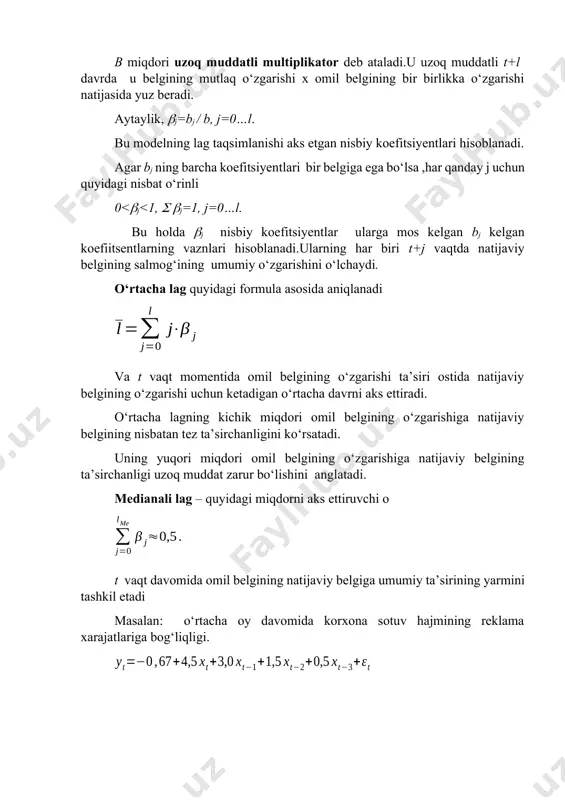 asmdagi tendensiyaning asosiy xusussiyati –lag ta’sirlarning nisbatan simmetrikligi bo‘lib,ba’zi hollarda natijaga omil belgilarning kuchli ta’siri g,d.e rasmda ifodalangan grafiklar lagning polinominal tuzilmasiga ega. 4. almon lagi almon lagi – polinomlar yordamida tuzilmani ifodalovchi laglardir. k darajadagi polinom shaklida j lag miqdoriga bog‘liq bj koefitsiyentlar bog‘liqligini ifodalovchi modelni quyidagicha tasvirlash mumkin. almon lagi parametrlari modeldagi bj koefitsiyentlardan har birini quyidagicha yozish mumkin: umumiy holda: quyidagi belgilashlarni kiritamiz: u holda model ko‘rinishi quyidagi ko‘rinishga keladi: taqsimlangan lag modellari parmetrlarini hisoblash uchun almon metodini qo‘llash jarayoni quyidagi bosqichlarni qamrab oladi: 1. l lagning maksimal miqdori aniqlanadi. 2. lag tarkibini bayon qiluvchi k polinom darajasi aniqlanadi. 3. nisbatlar bo‘yicha o‘zgaruvchilarning miqdori hisoblanadi. 4. chiziqli regressiya tenglamasi parametrlari aniqlanadi. 5. taqsimlangan lag modellarining parametrlari hisoblanadi. almon metodi orqali parametrlashtirish xusussiyatlari · lagning kichik qismini tanlash omillarni hisobga olishda ayrim yo‘qotishlarga olib keladi,bu esa natijaga sezilarli ta’sir qiladi. ushbu omilning ta’siri qodiqlarda aks etadi,bu esa ekku …