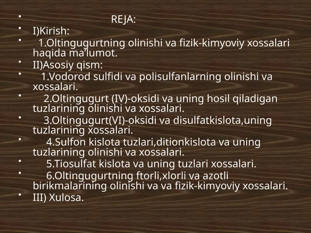 gugurtda har xil tog’ jinslari ,gips va tuproq aralashgan bo’ladi.shu sababli,avval uni suyuqlantirib qo’shimchalardan tozalanadi.italiyada arzon ko’mir kamligidan,oltingugurtni suyuqlantirishda uning bir qismi yondiriladi. kimyoviy xossalari:oltingugurtning kimyoviy xossalari va qanday moddalar bilan tasirlashishi quyidagi reaksiyalarda o’z ifodasini topgan. . 3s + 2h2o(буғ) = 2h2s + so2 (t > 400 °с). 2. s + 2h2so4(конц.) = 3so2 + 2h2o (қайн.), s + 6hno3(конц.) = h2so4 + 6no2 + 2h2o (қайн.). 3. 4s + 6naoh(конц.) = na2so3s + 2na2s + 3h2o (қайн., na2so3 қўшимчаси), 4s + 4(nh3∙h2o)[конц., иссиқ] = (nh4)2so3s + 2nh4s + h2o. 4. s + h2 = h2s (150 – 200 °с). 5. s + o2 = so2 (280 – 360 °с, ҳавода ёниши, so3 қўшимчаси). 6. s + 3f2 = sf6 (20 °с). 7. s + cl2 = scl2 (t ≤ 20 °с), 2s + cl2 = s2cl2 (125 – 130 °с), 2s + 2cl2 + o2 = 2scl2o (180 …