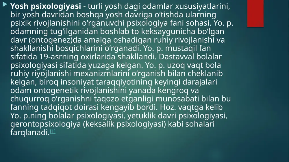 a, psixologik va shaxs rivojlanishining yuqori darajasi deb qaraladi. individual rivojlanish shaxsning alohida xususiyatlarining vujudga kelishi- ni anglatadi. psixologiyaning asosiy tushunchalaridan biri — psixologik yosh- dir. u individning ontogenezdagi obyektiv, tarixiy va xronologik jihatlarini belgilaydi. shunday qilib, ushbu bobda psixologiyaning tarmoqlaridan biri bo‘lgan yosh psixologiyasining predmeti, obyekti, umumiy, nazariy va amaliy vazifalari, psixik taraqqiyot determinatsiyasi hamda fanning asosiy tushunchalari bo‘lmish, rivojlanish va psi­ xologik yosh tushunchalariga to‘xtalib o‘tdik. davrlarga bo’lishga qaratilgan klassifikastiyalarning o’zi ham ikki turli bo’ladi: juz’iy (alohida davrlarni yana qo’shimcha davrlarga bo’lish — «davrlar ichidagi davrlar») va umumiy (inson umrining barcha bosqichlarini o’z ichiga olgan). masalan, juz’iy klassifikastiyaga j. piajening intellektning rivojlanishini bosqichlarga bo’lishini kiritish mumkin. u bu taraqqiyotni 3 bosqichda tasavvur qilgan: sensomotor intellekt bosqichi (0 — 2 yosh). bunda asosan olti bosqich farqlanadi; konkret operastiyalarni bajarishga tayyorlash va uni tashkil etish bosqichi (3 — 11 yoshlar); formal operastiyalar bosqichi (12 — 15 yoshlar). bu davrda bola …