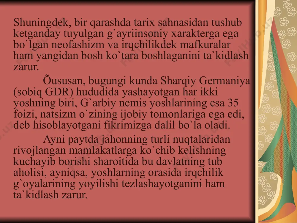 an bo`lsa: birinchidan, behisob xom-ashyo resurslari, ishchi kuchi, transport kommunikatsiyalaridan foydalanishdan, geostrategik mavqedan mahrum bo`lish; ikkinchidan, sobiq kaloniyalarning o`z metropoliyasi ta`siri va tazyiqidan xalos bo`lishga intilishi, mustaqil ichki va tashqi siyosat yuruta boshlashi; uchinchidan, xalqaro maydonda teng huquqli va o`zaro manfaatli hamkorlik ustuvor bo`lib borayotganini tushunmaslik; to`rtinchidan, boshqa kuchlar markazi tomonidan go`yoki uning “hayotiy manfaatlari” tan olinmayotgani, u amal qilayotgan hududlar toraytirilayotganini ro`kach qilish va nihoyat, beshinchidan, maqtanchoqlik, insoniyat taraqqiyotiga qo`shgan hissasiga ortiqcha baho berish, uning betakror va noyob deb hisoblash hozirgi kunda buyuk davlatchilik shovinizmining jonlanishi uchun “asos” bo`lib xizmat qilmoqda. bunday ommaviy axborot vositalari orqali psixologik ta`sir o`tkazishning yangidan-yangi usullaridan foydalanadilar. õususan, milliy hayotimizga xos muayyan xususiyatlarni ochiqdan-ochiq qoralash, yerga urish yoki ayrim tarixiy voqea-hodisalarni umuman bo`lmaganidek, jahon madaniyati, ilmu-faniga ulkan hissa qo`shgan ulug` allomalarimizning bizga aloqasi yo`qdek qilib ko`rsatishga urunishlar mavjud. shuningdek, mintaqa davlatlari o`rtasida ziddiyatlar keltirib chiqarish va jahon afkor ommasida o`zbekiston haqida noto`g`ri tasavvur tug`dirishga …