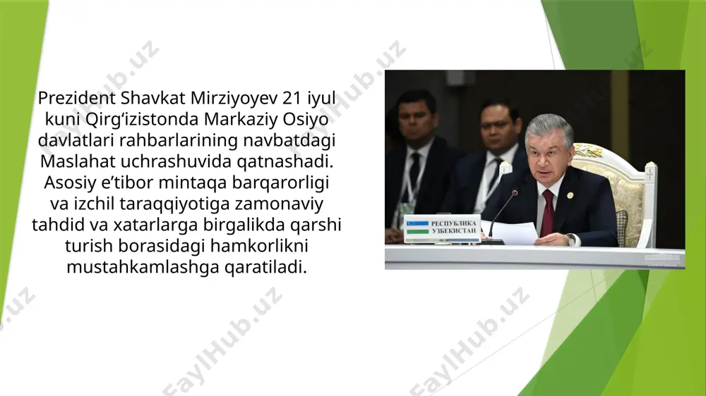 onlama hujjatlar qabul qilinishi ko‘zda tutilgan. ta’kidlash lozimki, markaziy osiyo davlatlari rahbarlarining maslahat uchrashuvlarini o‘tkazish tashabbusi o‘zbekiston respublikasi prezidenti shavkat mirziyoyev tomonidan 2017 yilda birlashgan millatlar tashkiloti bosh assambleyasining 72-sessiyasida ilgari surilgan edi. mintaqa yetakchilarining birinchi sammiti 2018 yil mart oyida nur-sulton shahrida, ikkinchisi 2019 yil noyabrda toshkent shahrida, uchinchisi o‘tgan yilning avgust oyida turkmanistondagi «avaza» milliy sayyohlik zonasida bo‘lib o‘tdi o‘zbekiston prezidenti shavkat mirziyoyev qirg‘iz respublikasi prezidenti sadir japarovning taklifiga binoan 21 iyul kuni markaziy osiyo davlatlari rahbarlarining navbatdagi maslahat uchrashuvida ishtirok etish uchun qirg‘izistonning cho‘lponota shahriga tashrif buyuradi. bu haqda davlat rahbari matbuot xizmati xabar berdi. qirg‘iziston raisligida o‘tadigan sammit ishida qozog‘iston, tojikiston va turkmaniston prezidentlari ham ishtirok etishi kutilmoqda. mintaqa mamlakatlari yetakchilarining uchrashuvi kun tartibidan turli yo‘nalishlarda, shu jumladan savdo, transport va logistika, sanoat kooperatsiyasi, innovatsiyalar, oziq-ovqat xavfsizligi, turizm, madaniy-gumanitar almashinuv sohalarida amaliy hamkorlikni yanada kengaytirish masalalari o‘rin olgan. alohida e’tibor markaziy osiyoning barqarorligi va izchil taraqqiyotiga …