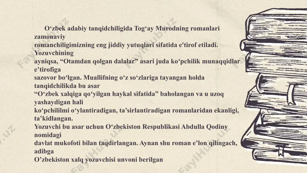 mening birodarim sensan. ayo tamol, sen mening birodarimsan, qiyomatlik birodanm”. .,,ot kishnagan oqshom” qissasi ,, alpomish” dostoni an‘analarini eslatadigan xalqchil ruh bilan sugʻorilgan. tog'ay murodning oʻzi ham alpomish va barchinlarni bergan goʻzal vodiylar, bepoyon yaylovlarda o‘sganligi uning so‘z boyliklandan, yozuvchilik uslubi va oʻziga xos ovozidan sezilib turadi. nasriy asarga she’riy jarang va koʻtarinki ruh bag‘ishlay olish qobilyati yoki adibning qalamiga xos eng yaxshi fazilatlardandir. qissa qahramoni ziyodulla oddiy bir cho‘pon uning oʻzi oti tarlonga boʻlgan mehn-insonning tabiatga qoʻygan mehriday sof tarlon tabiat timsoli boʻlgani uchun ham yozuvchi uni yorqin bir obraz darajasiga ko‘tarib tasvirlaydi ziyodulla oʻzi yashayotgan joydagi qallob va isyokor odamlarga qarshi dadil kurashadi. odil yoqubovning bu qissaga nisbatan aytgan fikrlariga e'tibor qaratsak. “tog'ay murodning birgina “oydinda yurgan odamlar” qissasida, yanglishina sam, adibga xos bo'lgan fazilatlar yanada yaqqolroq seziladi. asar nima haqida? bir qarashda - qissa adabiyotimizda ko'p-aytilgan farzandsizlik muammosiga bag'ishlangandek tuyuladi. aslida, unday emas aslida , uslub jihatidan …